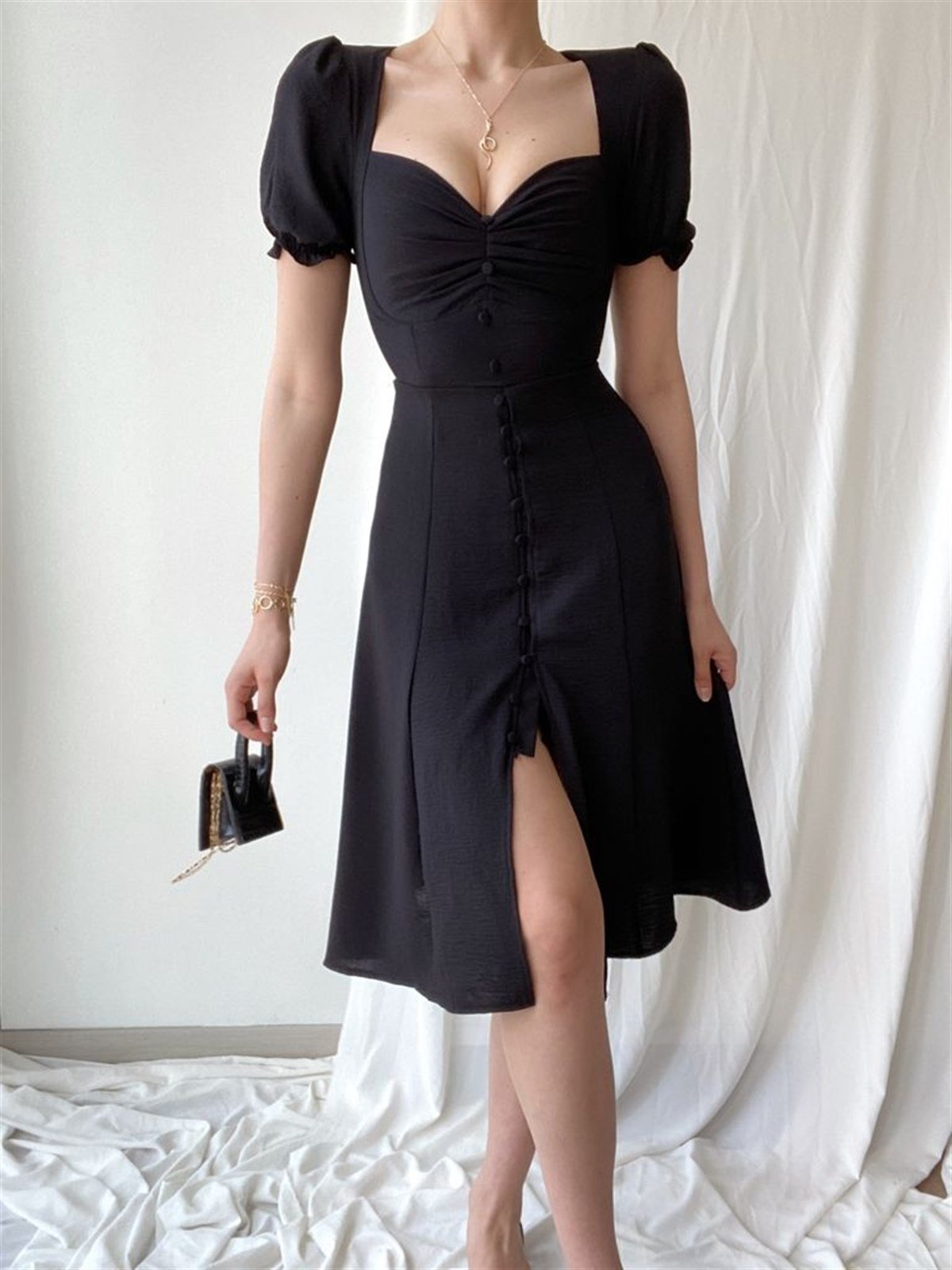 Düğme Detay Uzun Aletris Elbise - SİYAH