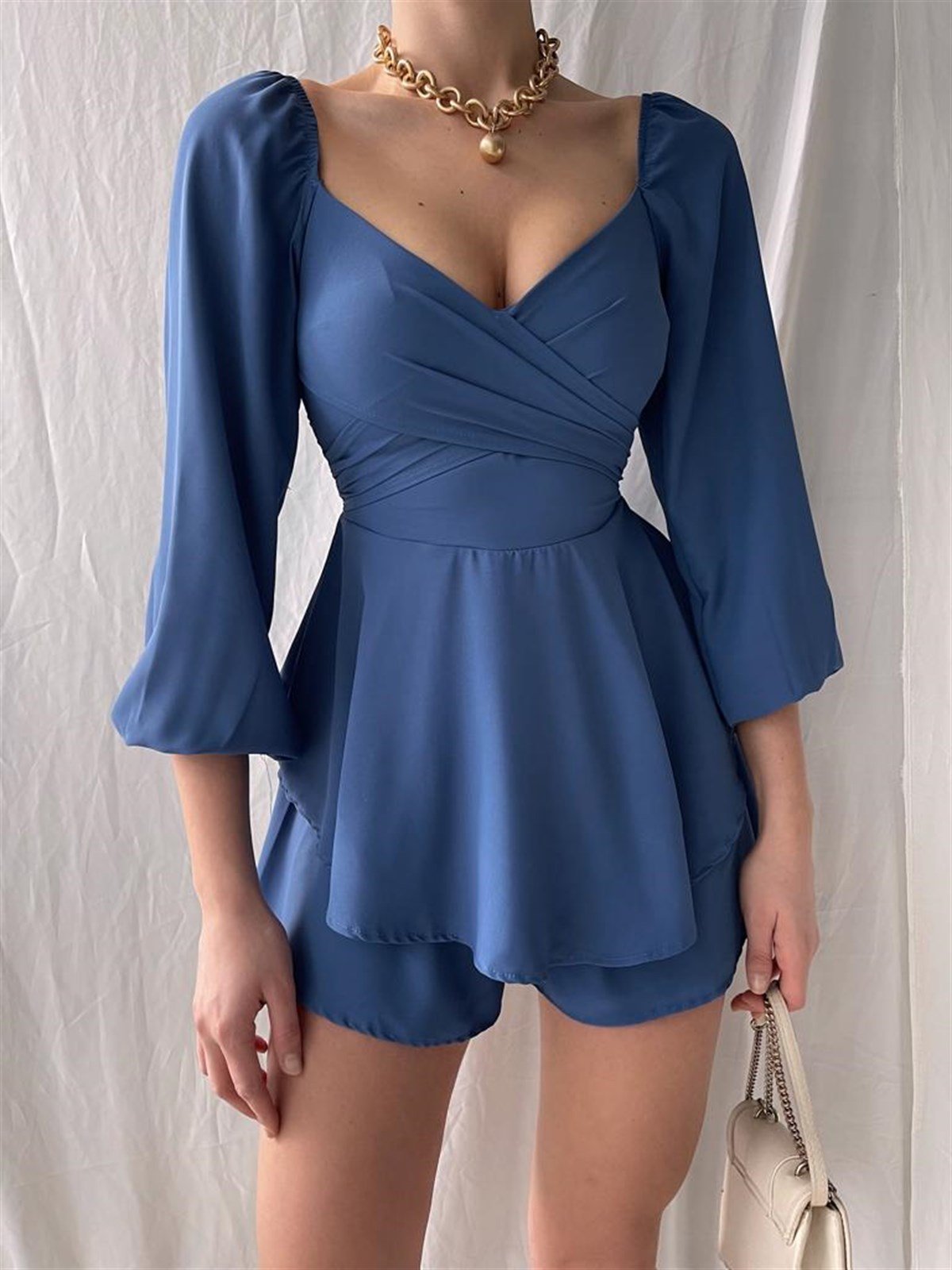 Eteği Şortlu Uzun Kollu Mini Elbise - İNDİGO MAVİ