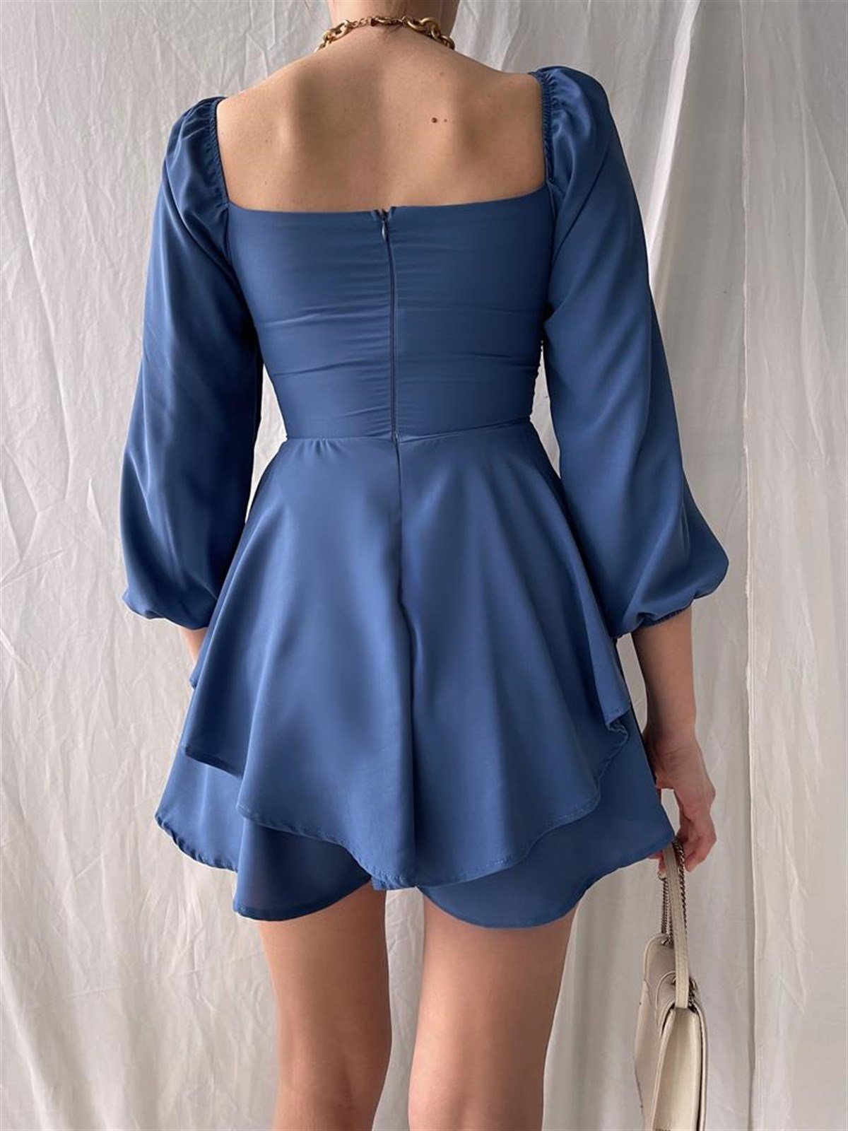 Eteği Şortlu Uzun Kollu Mini Elbise - İNDİGO MAVİ