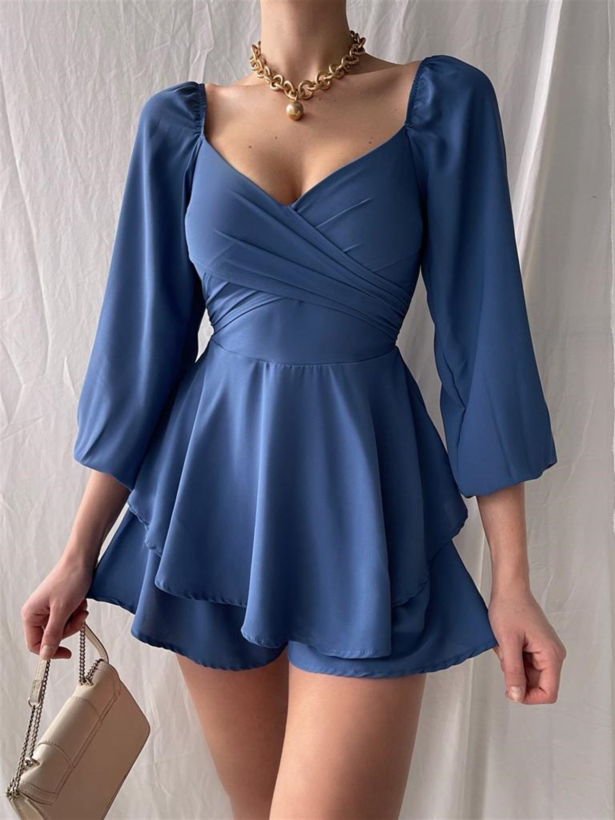 Eteği Şortlu Uzun Kollu Mini Elbise - İNDİGO MAVİ