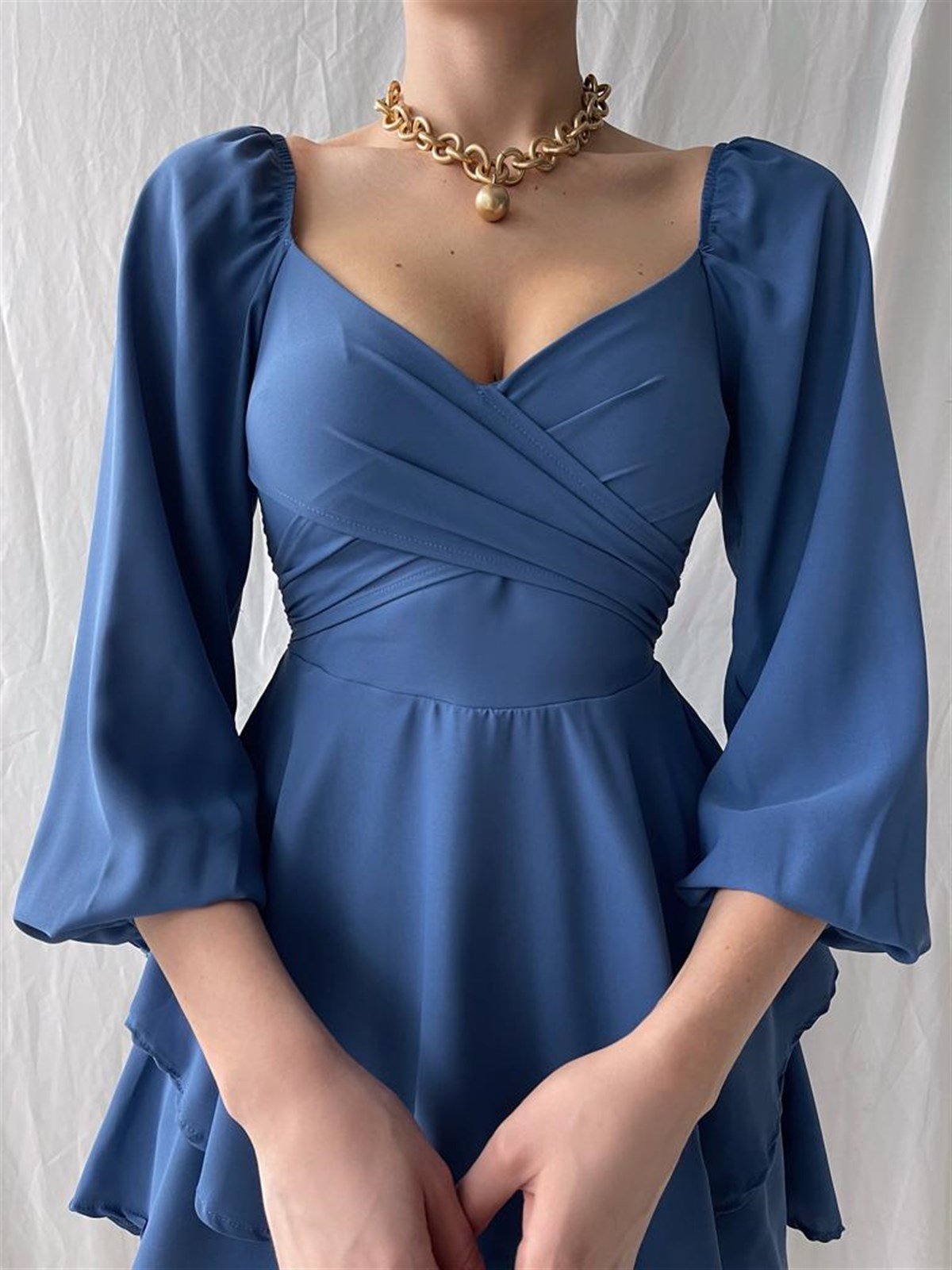 Eteği Şortlu Uzun Kollu Mini Elbise - İNDİGO MAVİ