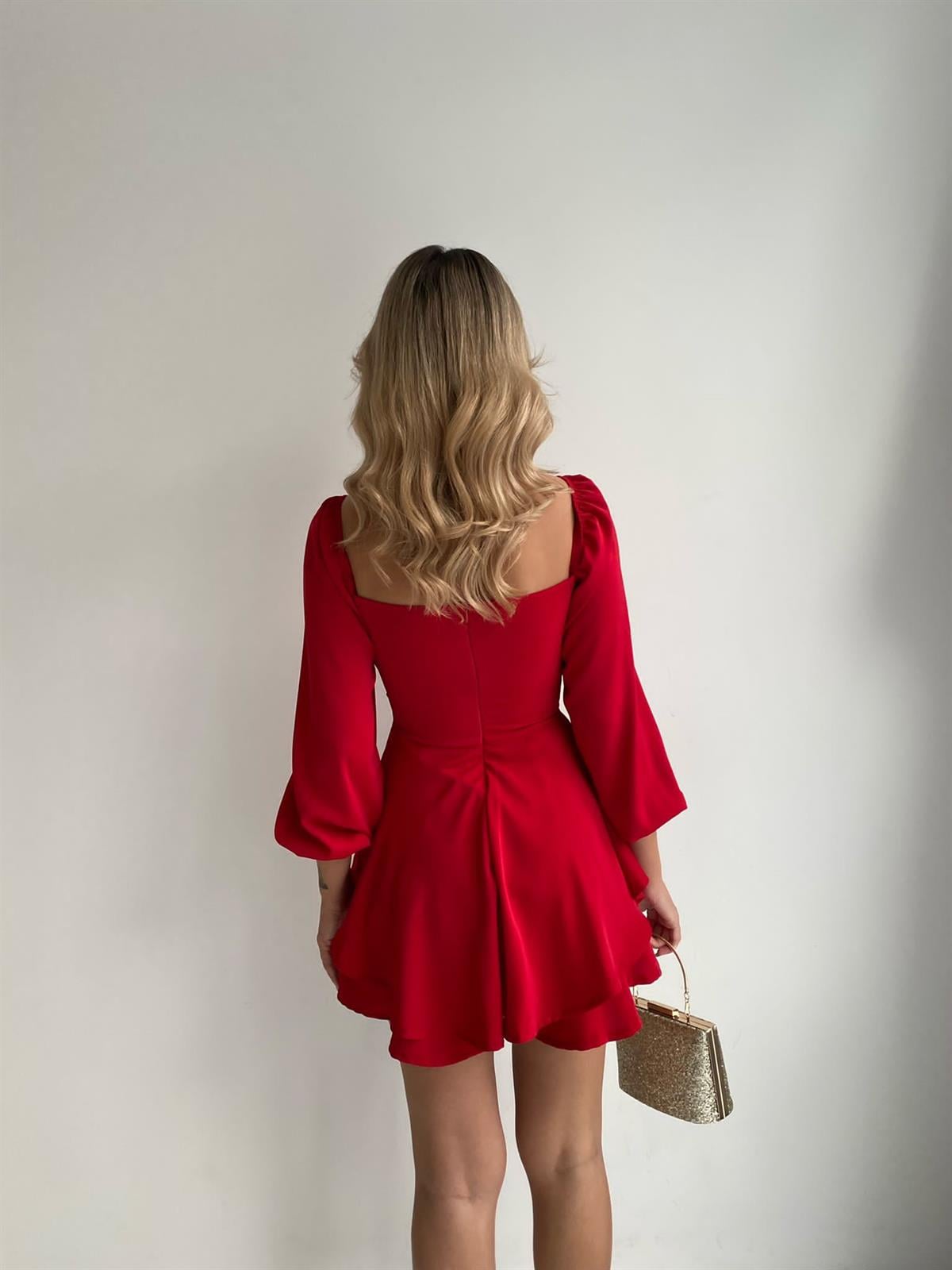 Eteği Şortlu Uzun Kollu Mini Elbise - KIRMIZI
