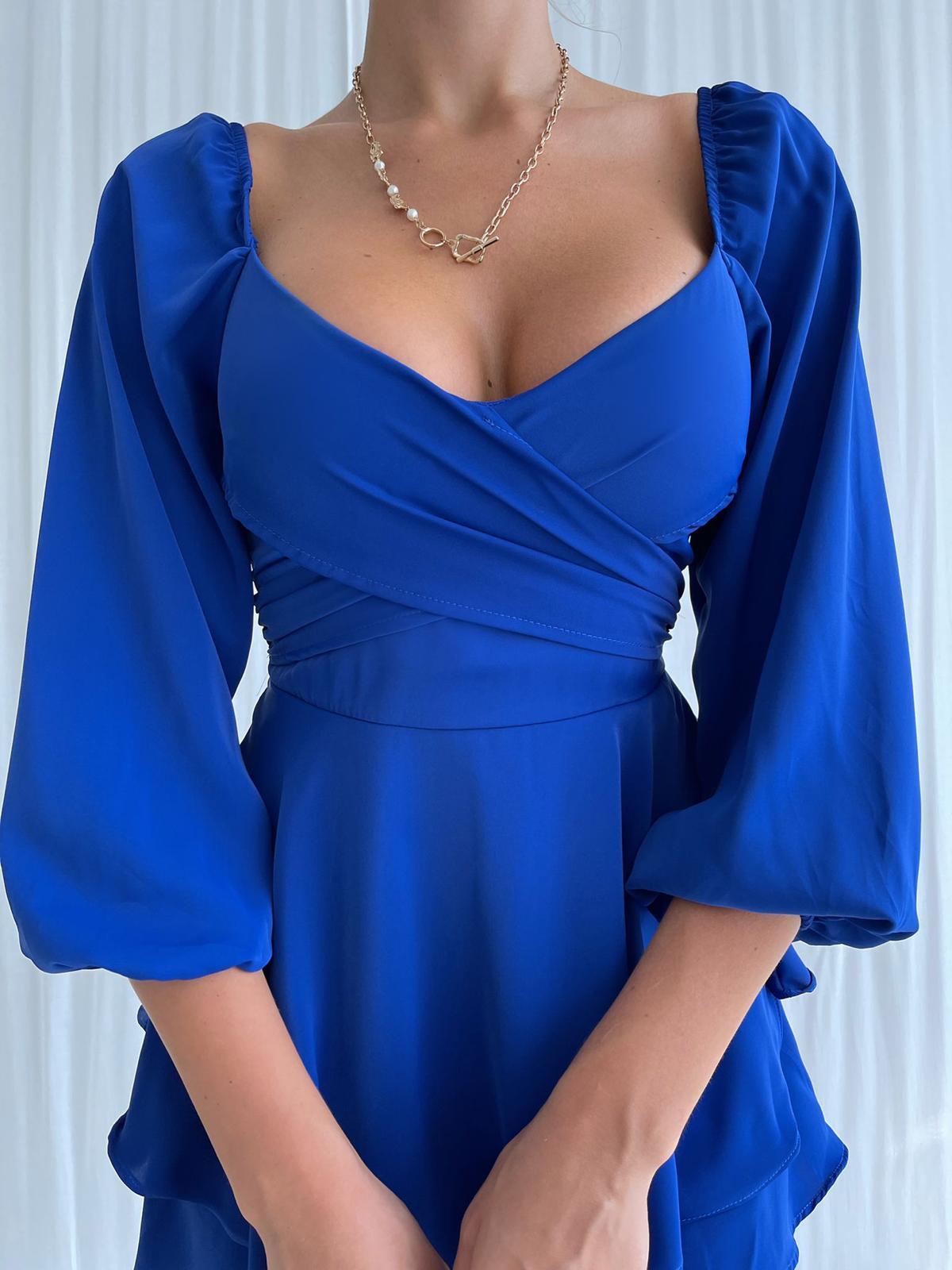 Eteği Şortlu Uzun Kollu Mini Elbise - SAKS MAVİ