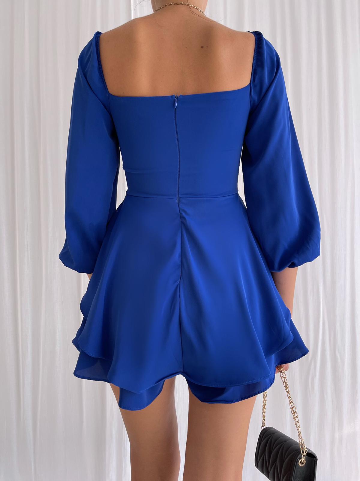 Eteği Şortlu Uzun Kollu Mini Elbise - SAKS MAVİ