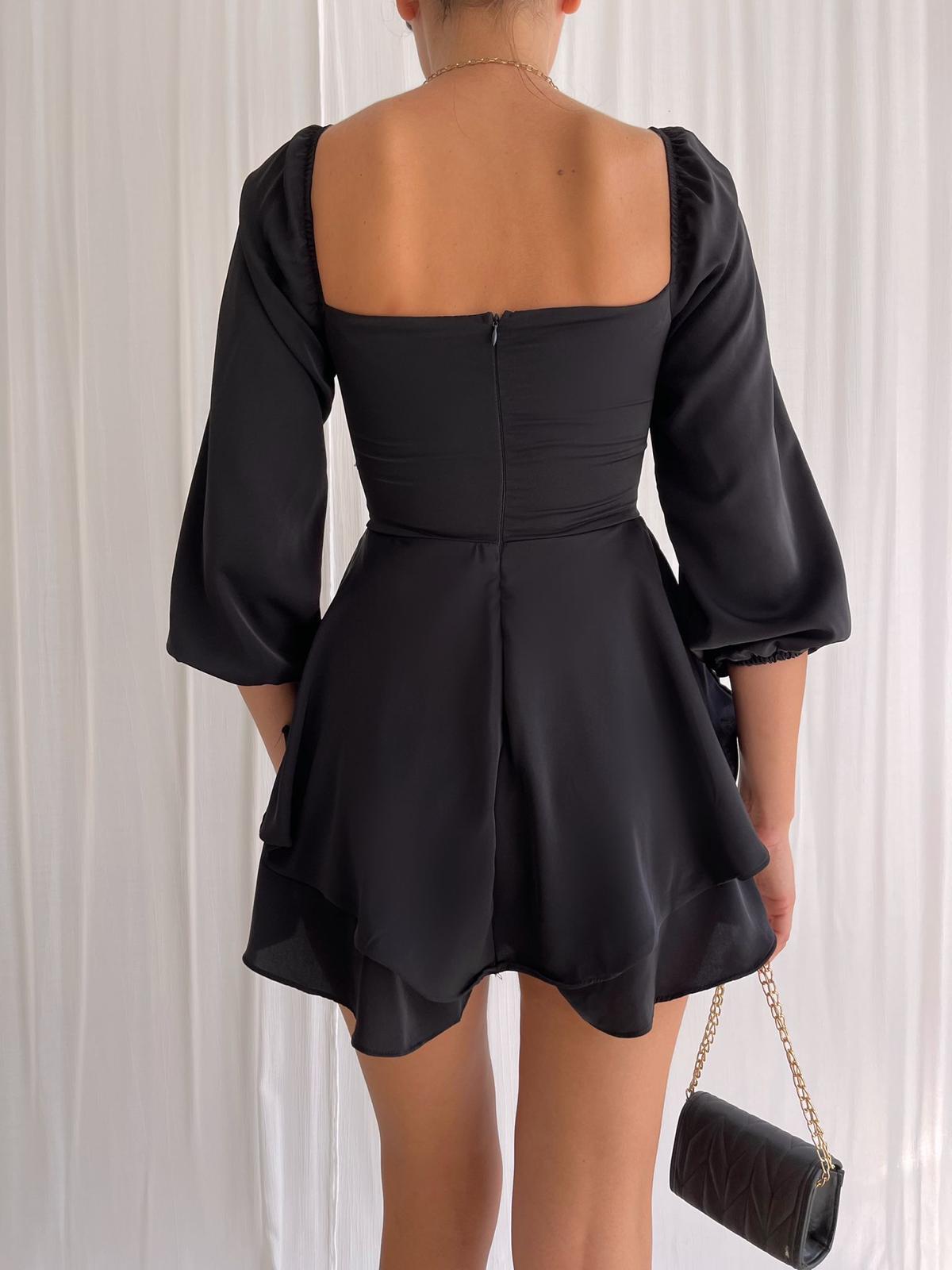 Eteği Şortlu Uzun Kollu Mini Elbise - SİYAH