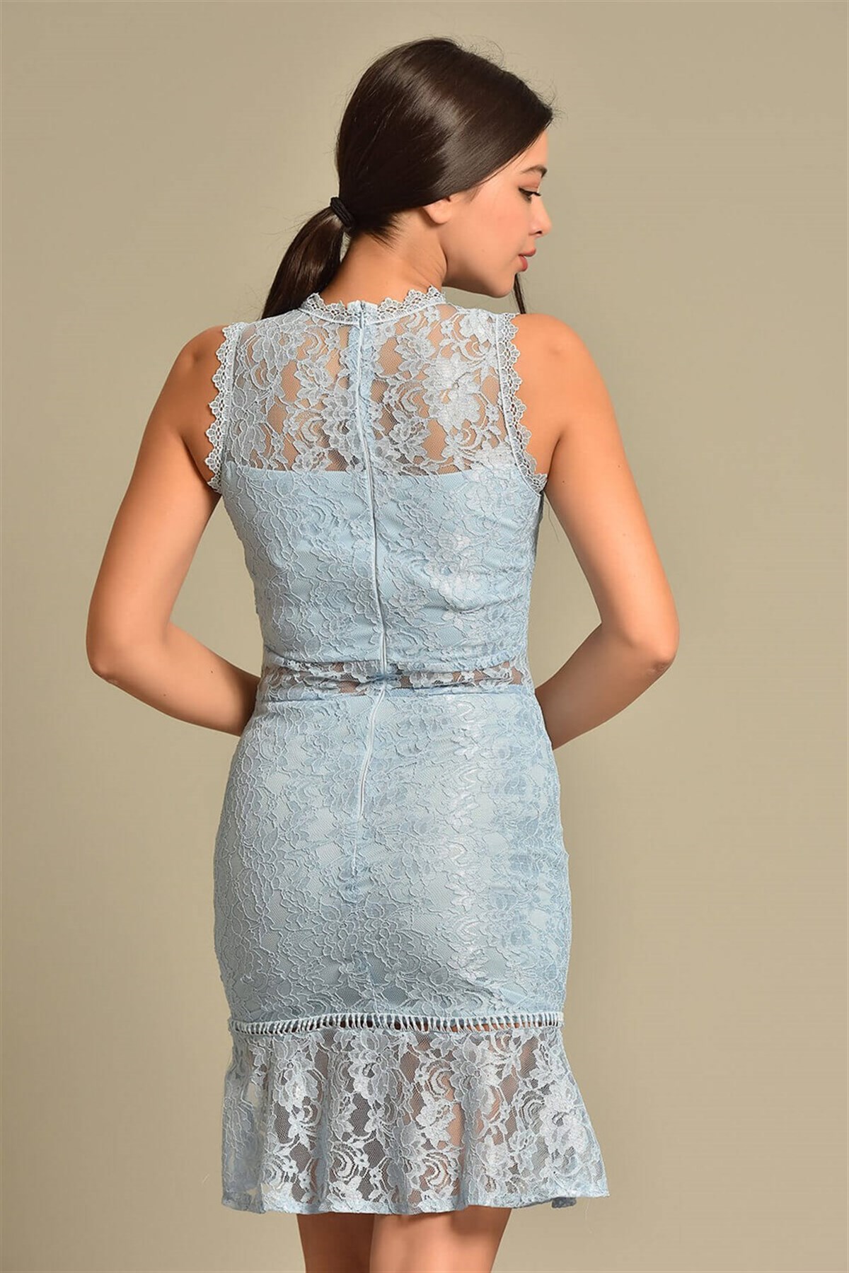 Eteği Volanlı Güpür Detay Kalem Elbise - BEBE MAVİ