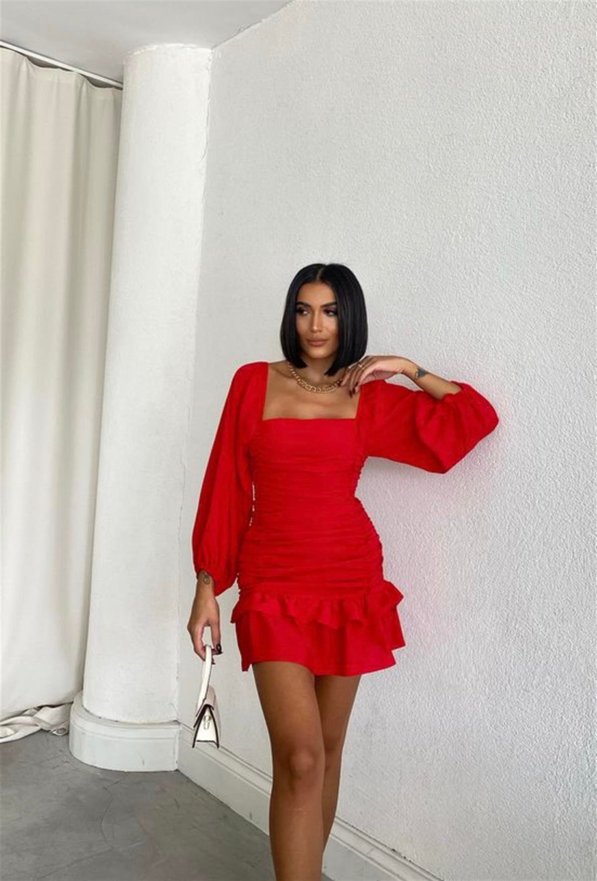 Etek Fırfırlı Uzun Kol Drapeli Elbise - KIRMIZI