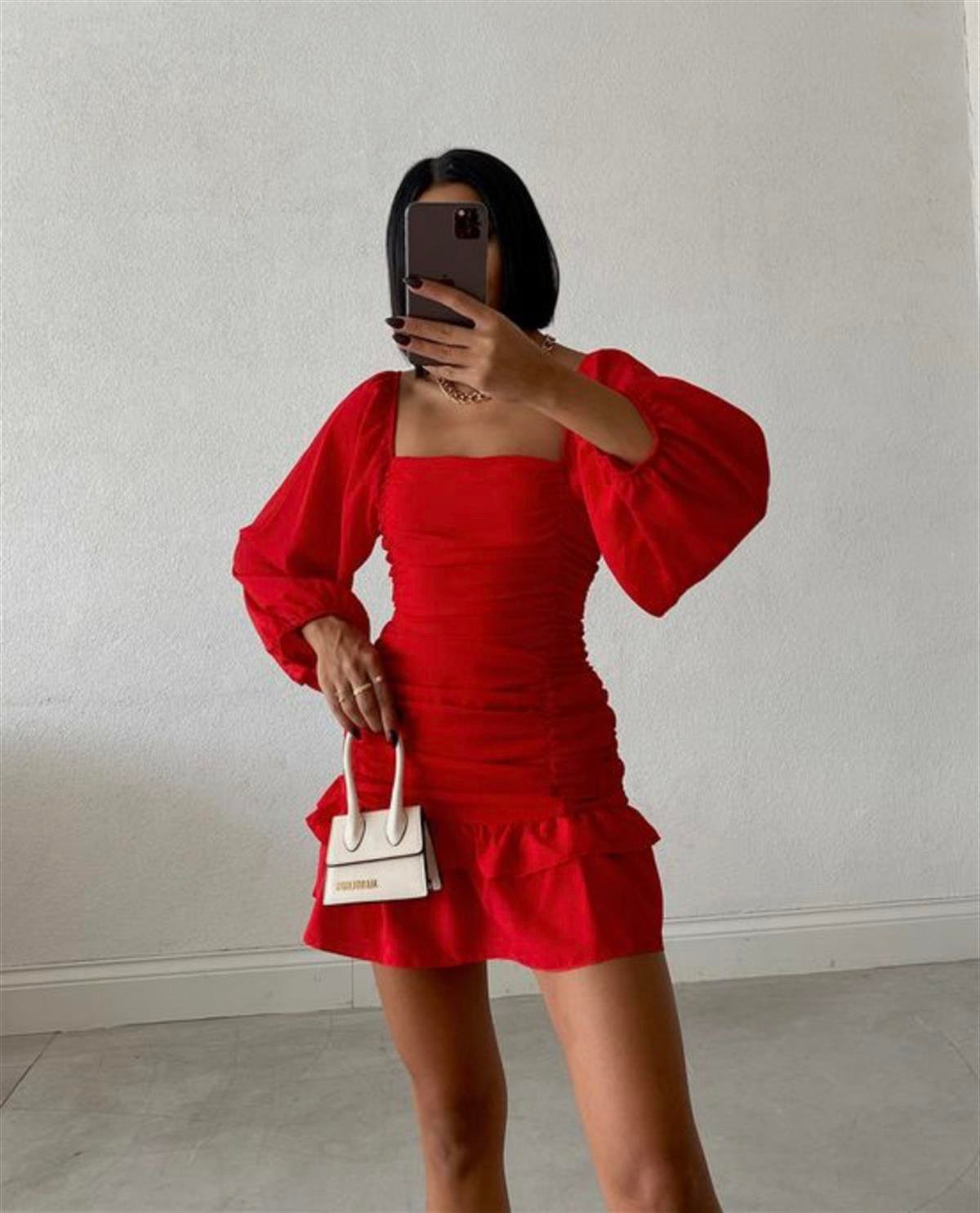 Etek Fırfırlı Uzun Kol Drapeli Elbise - KIRMIZI