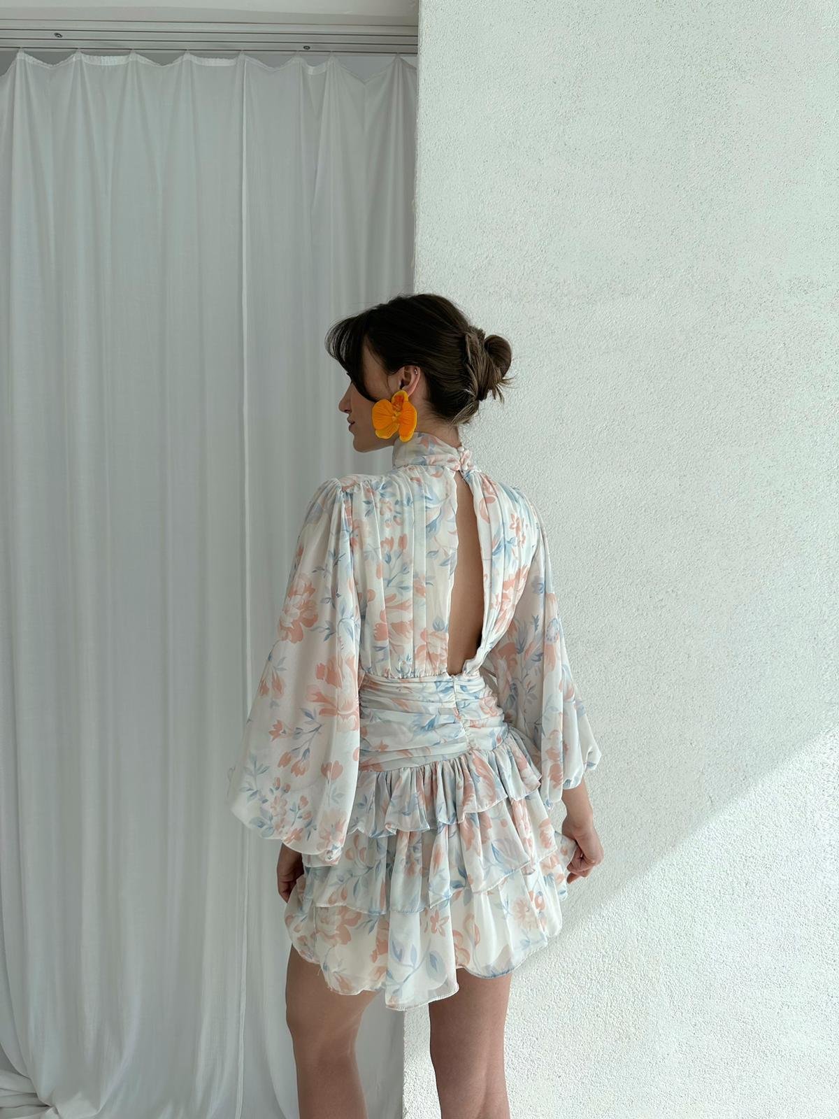 Etek Kat Kat Beli Drape Sırt Detaylı Çiçek Desenli Şifon Elbise - BEYAZ