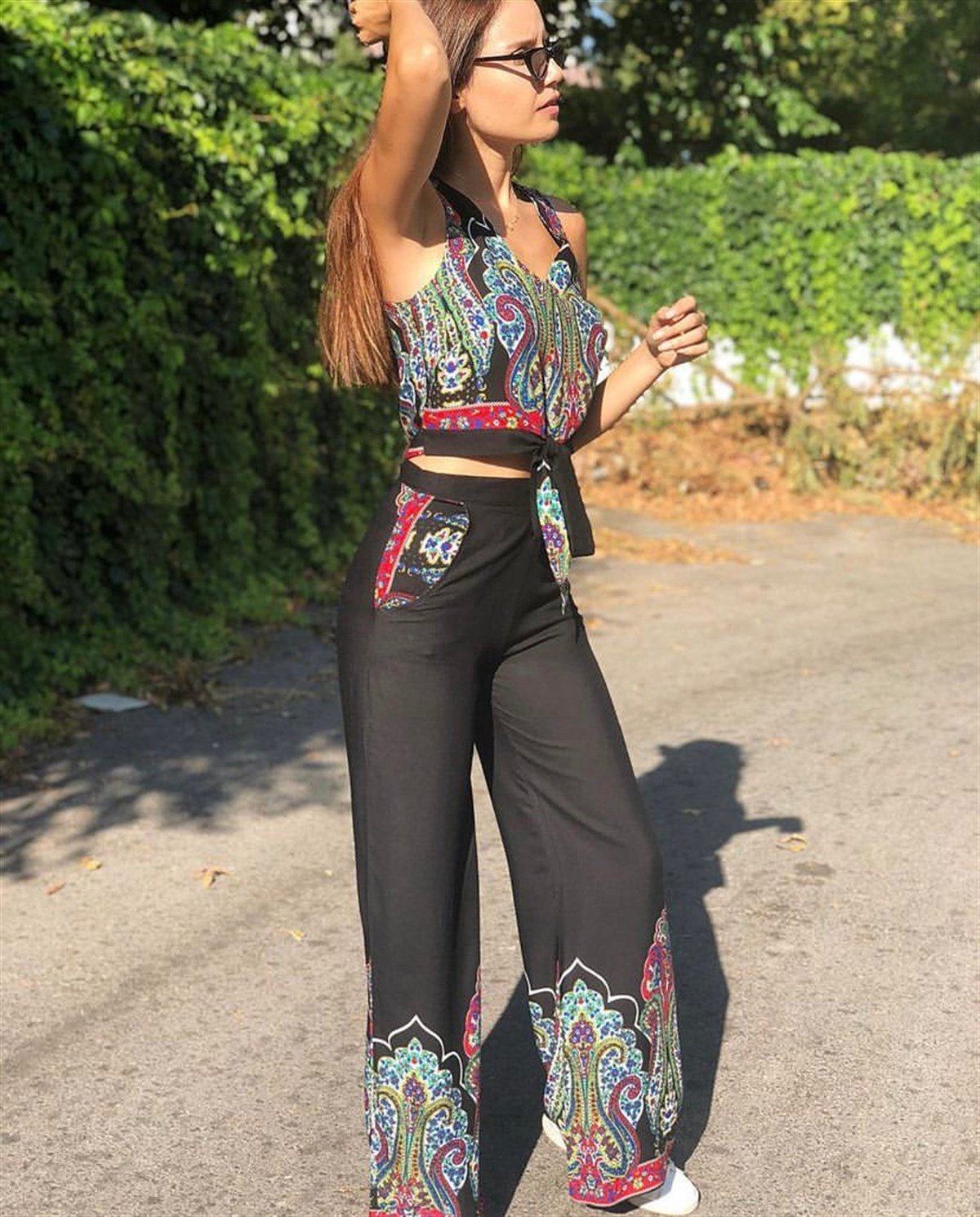 Etnik Desenli Pantolon ve Bluz Takım