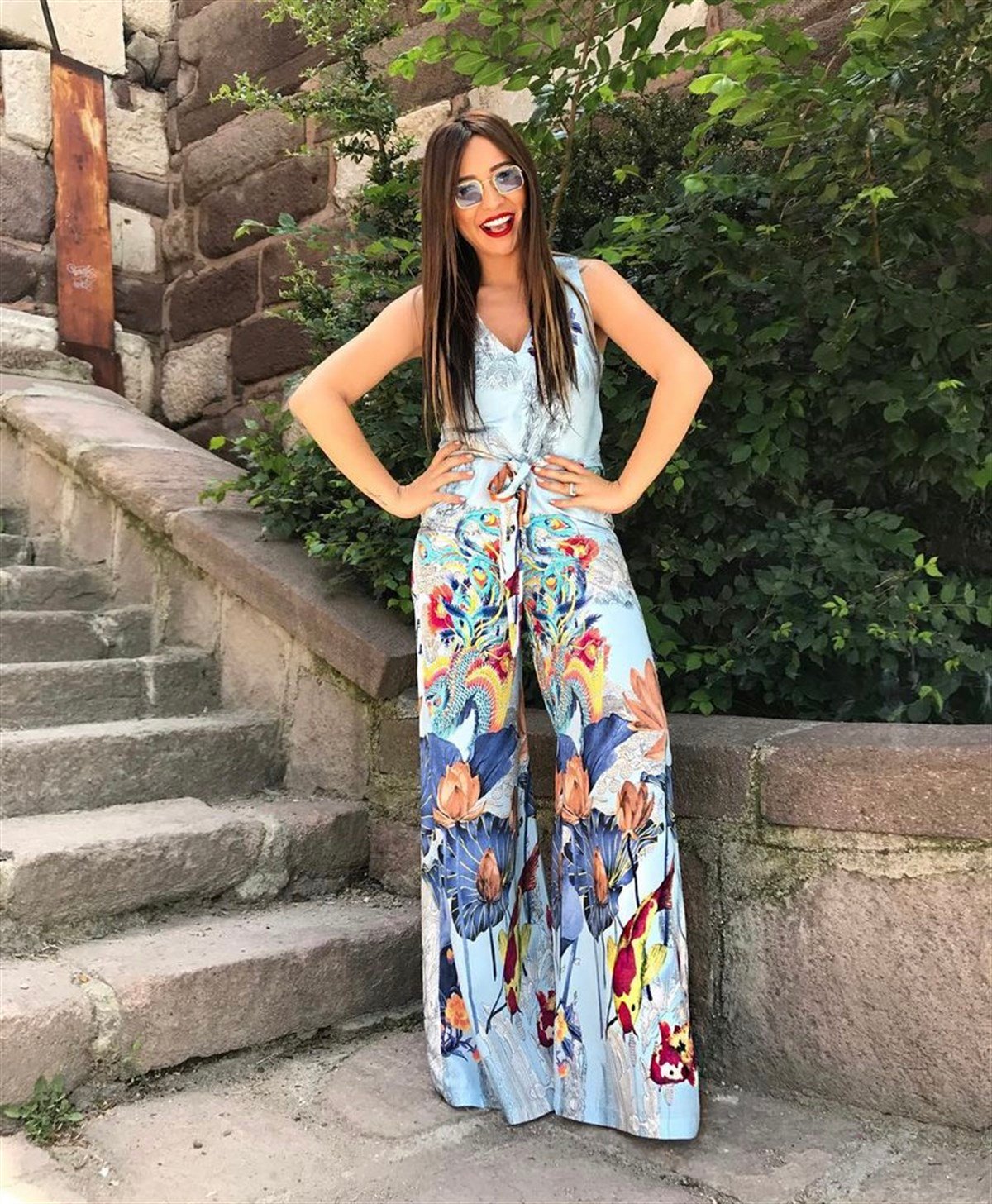 Etnik Desenli Pantolon ve Bluz Takım - BEBE MAVİ