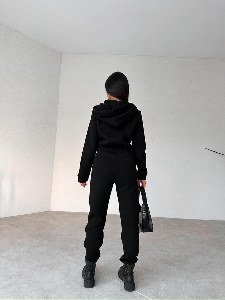 Fermuar Detay Kapüşonlu Tulum - SİYAH