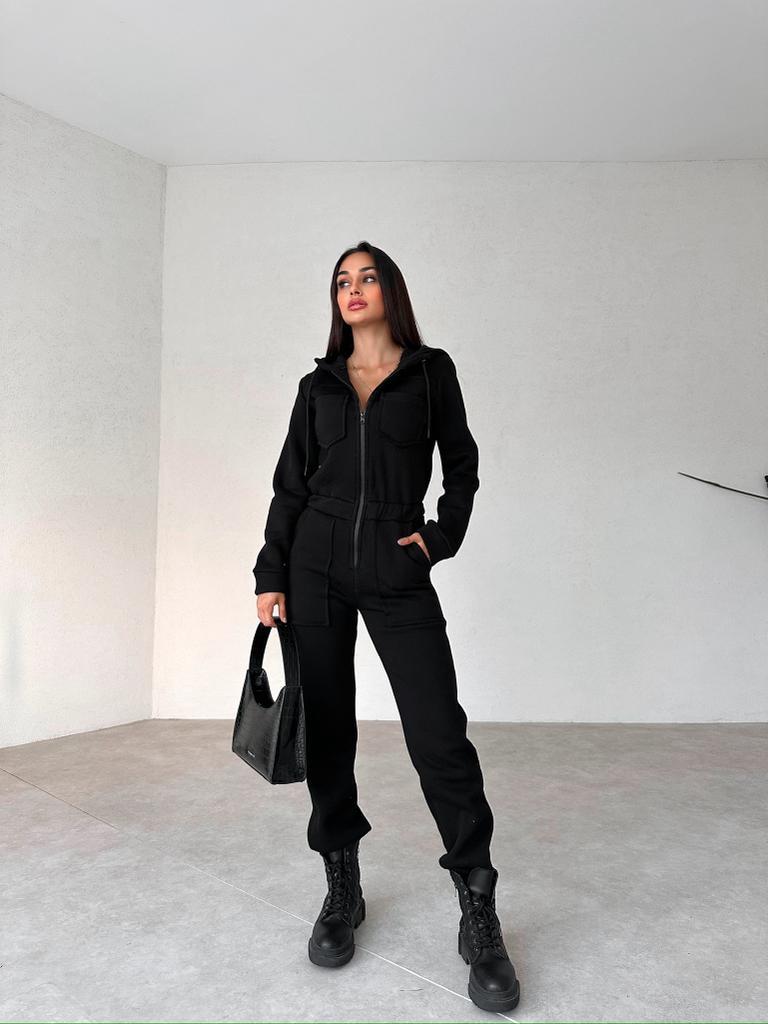 Fermuar Detay Kapüşonlu Tulum - SİYAH