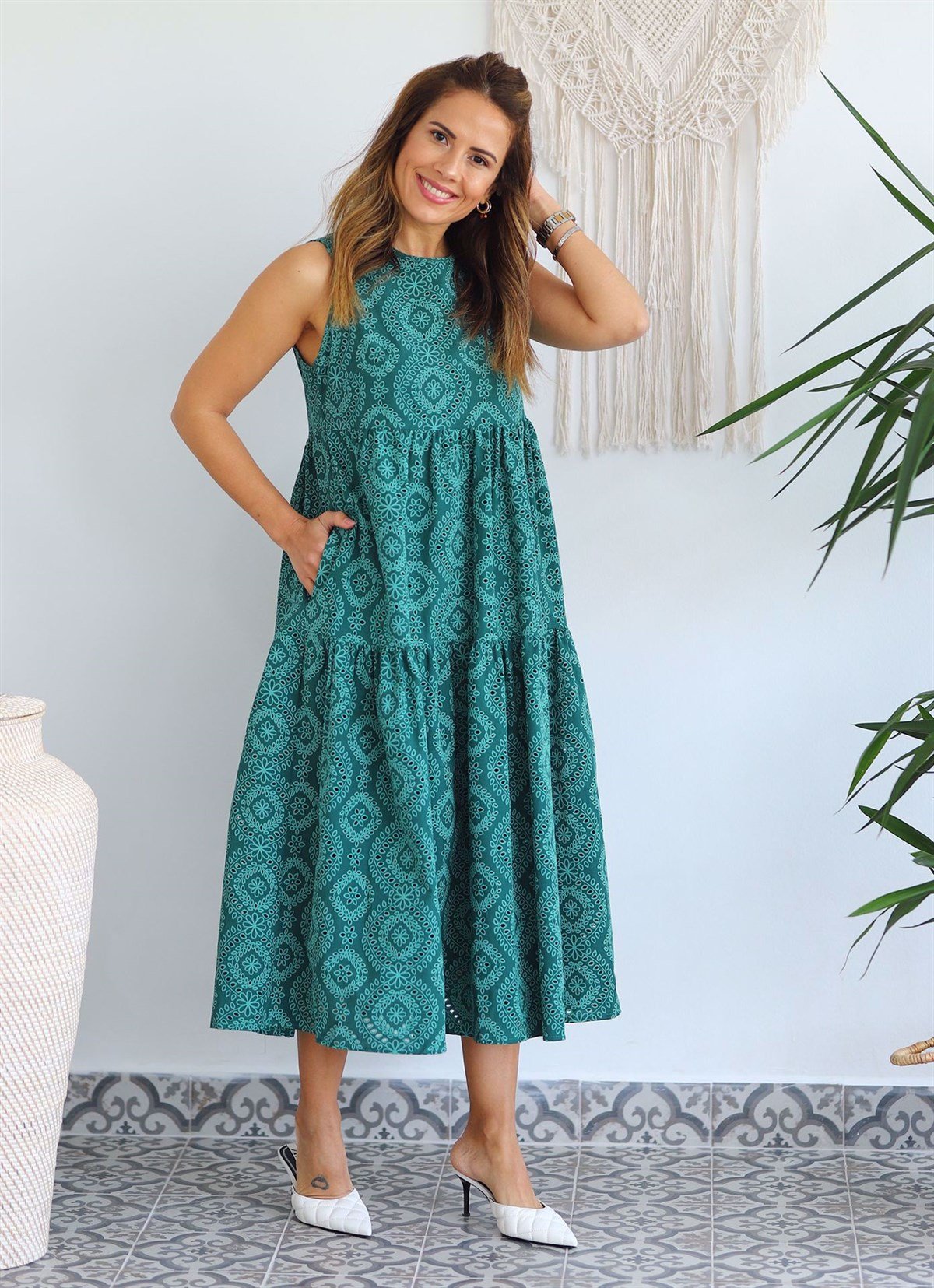 Fisto Kumaş İç Astarlı Midi Boy Elbise - ZÜMRÜT YEŞİLİ