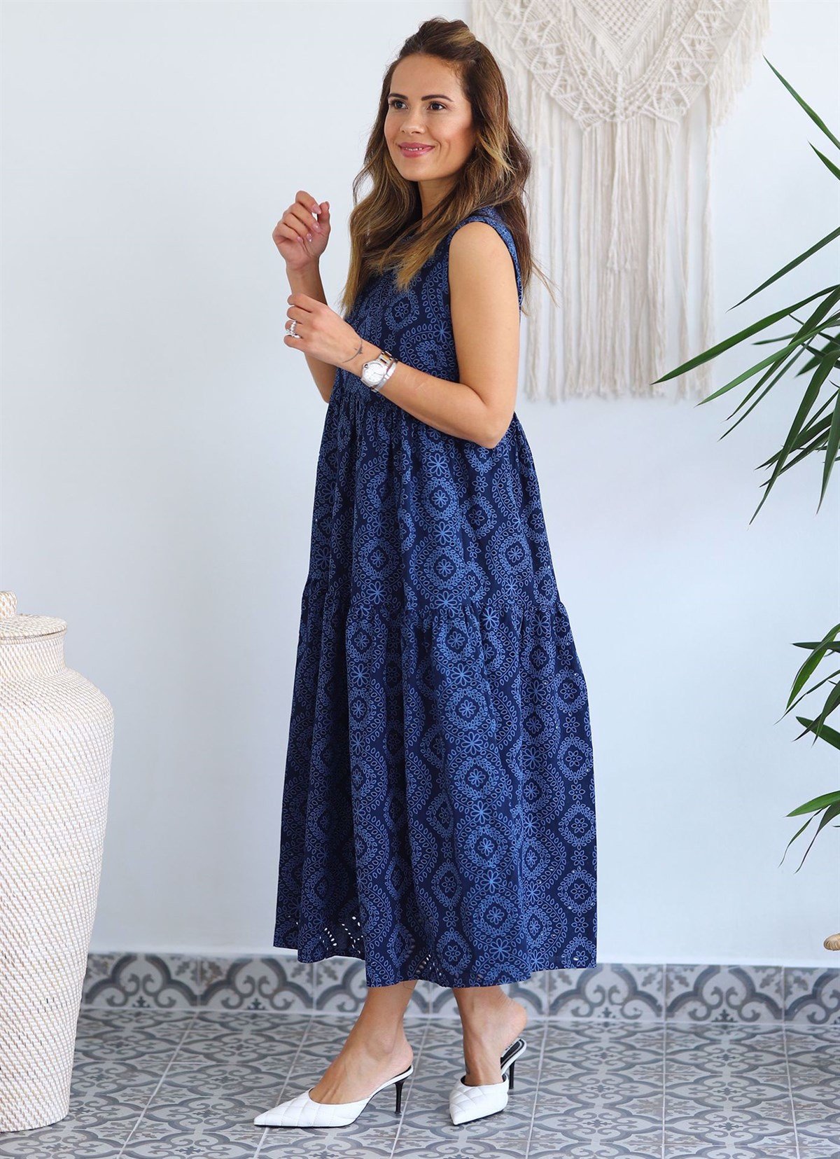 Fisto Kumaş İç Astarlı Midi Boy Elbise - LACİVERT