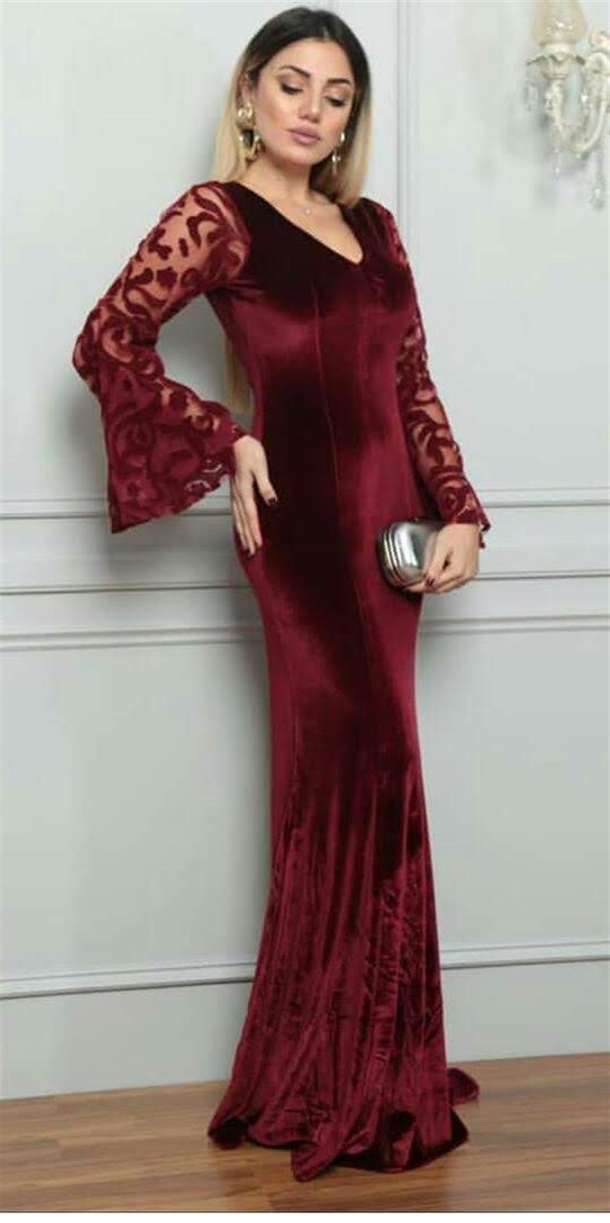 Flok İşleme Detaylı İspanyol Kol Kadife Balık Elbise - BORDO