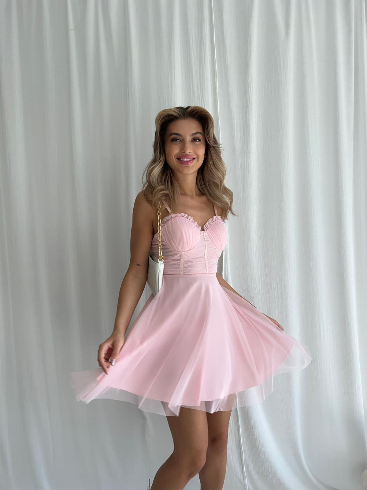 Göğüs Detay Tül Kumaş Elbise - PUDRA