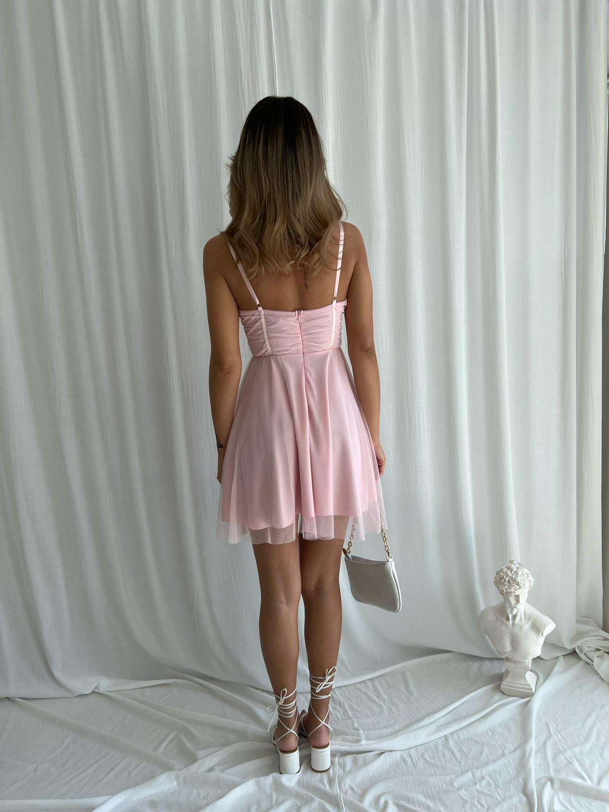 Göğüs Detay Tül Kumaş Elbise - PUDRA