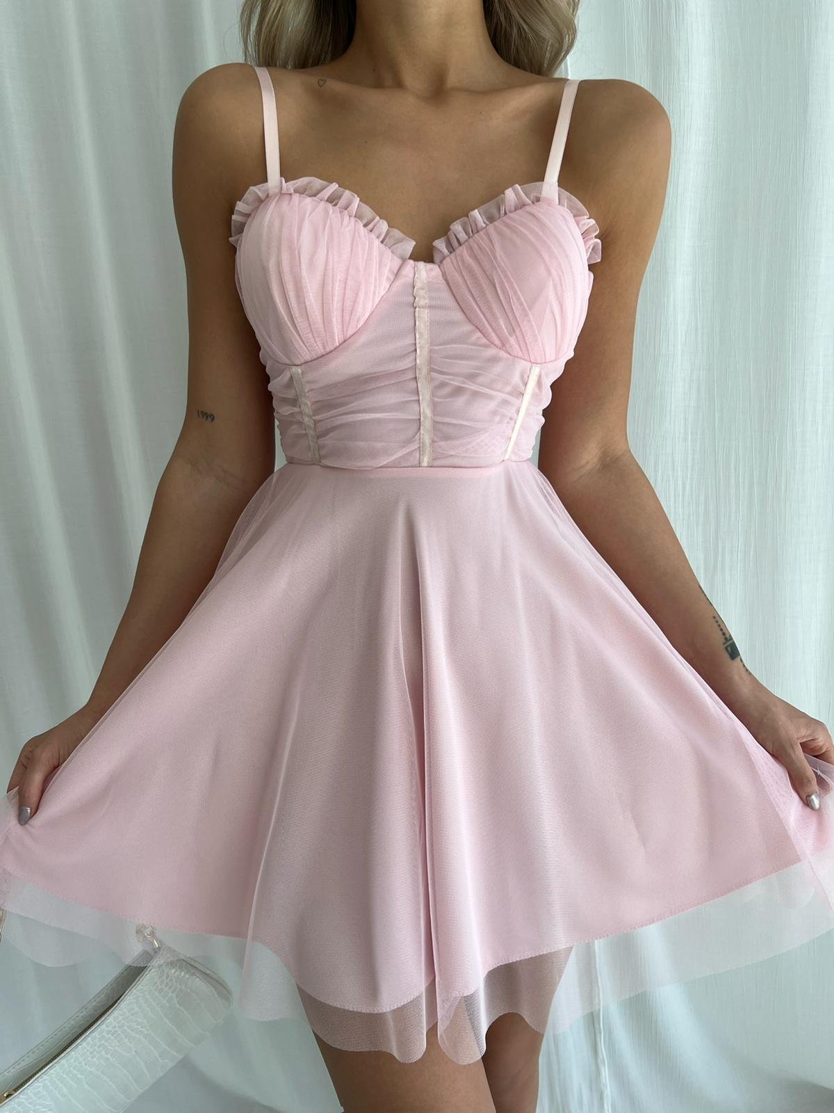 Göğüs Detay Tül Kumaş Elbise - PUDRA