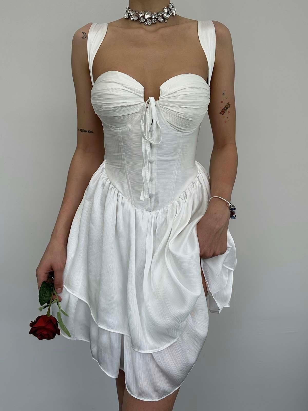 Göğüs Detaylı Kalın Askılı Sırt Dekolteli Mini Elbise - BEYAZ