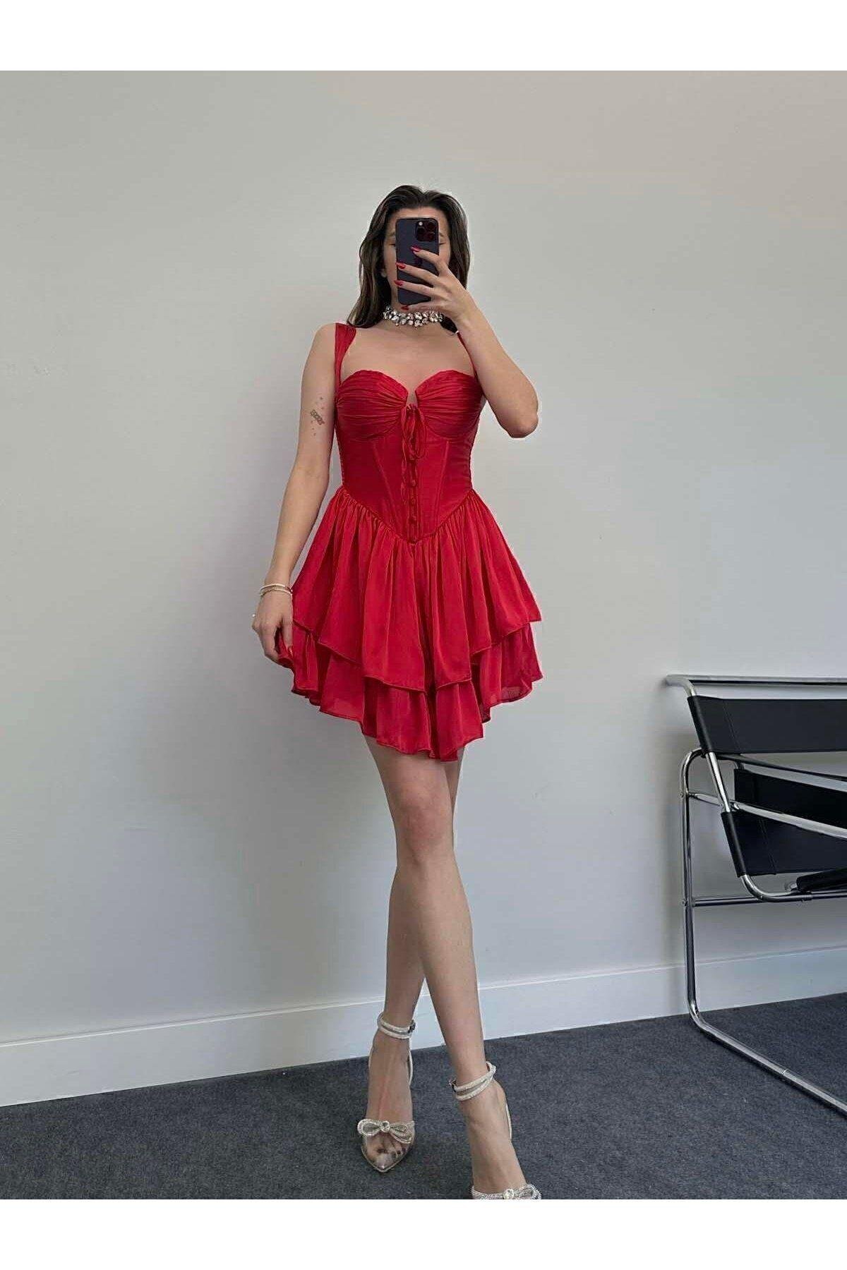 Göğüs Detaylı Kalın Askılı Sırt Dekolteli Mini Elbise - KIRMIZI 