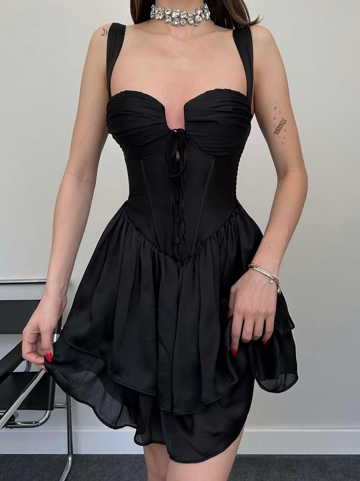 Göğüs Detaylı Kalın Askılı Sırt Dekolteli Mini Elbise - SİYAH