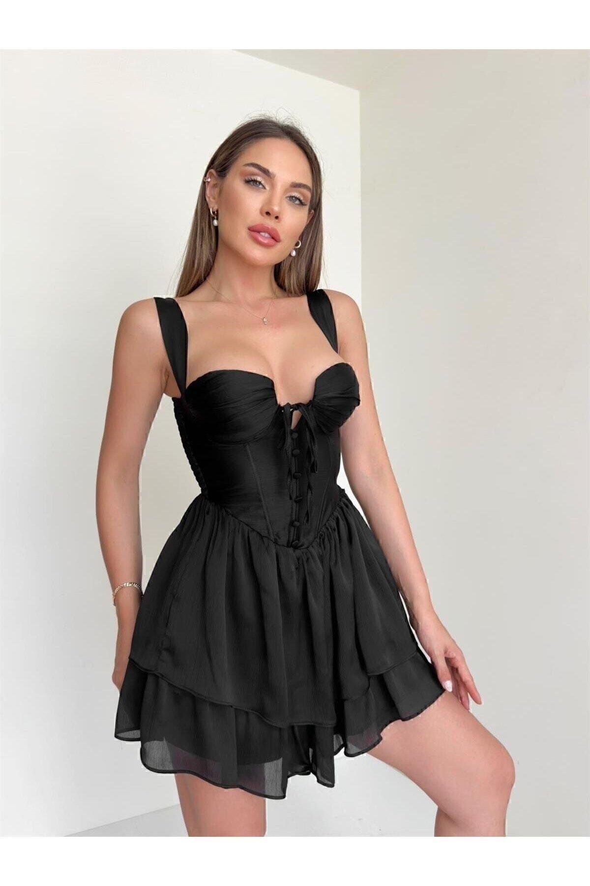 Göğüs Detaylı Kalın Askılı Sırt Dekolteli Mini Elbise - SİYAH