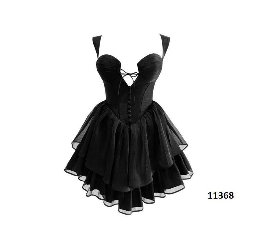 Göğüs Detaylı Kalın Askılı Sırt Dekolteli Mini Elbise - SİYAH