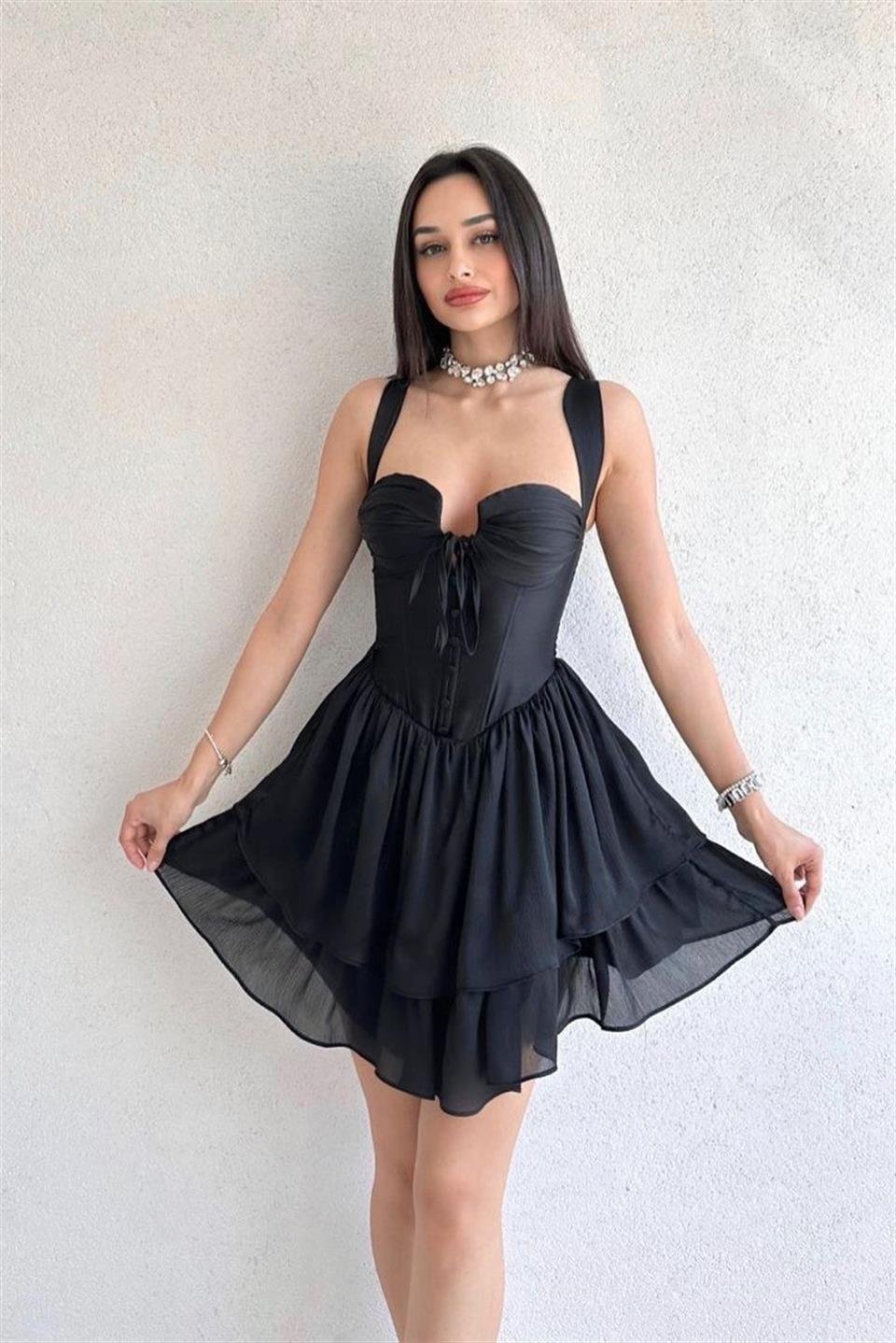 Göğüs Detaylı Kalın Askılı Sırt Dekolteli Mini Elbise - SİYAH