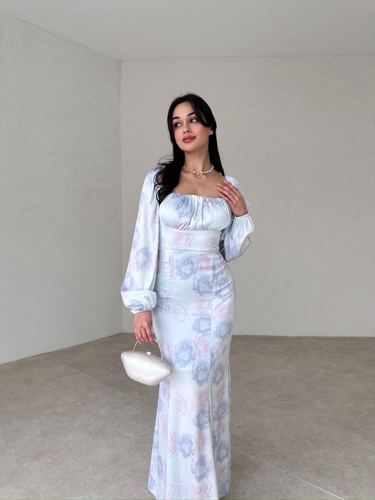 Göğüs Drape Pastel Çiçek Desenli Maxi Boy Saten Elbise - MAVİ