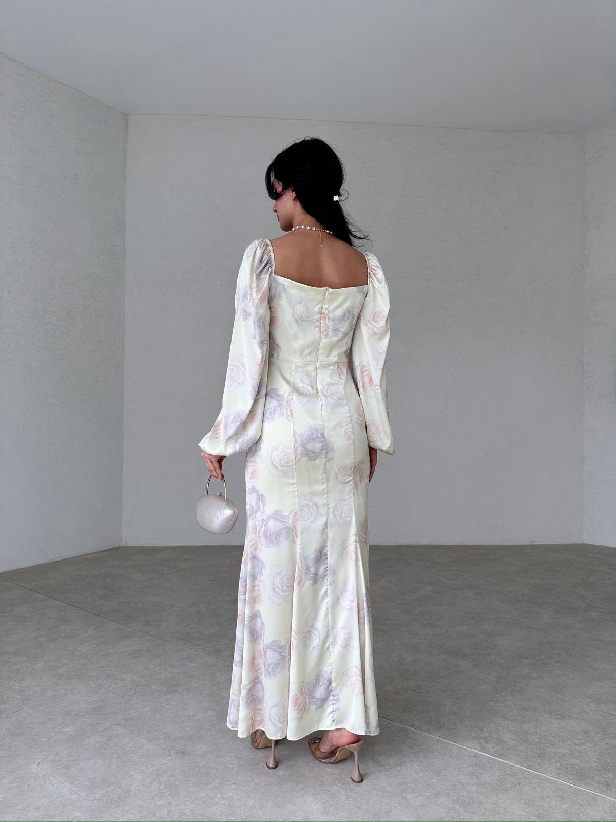 Göğüs Drape Pastel Çiçek Desenli Maxi Boy Saten Elbise - SARI 