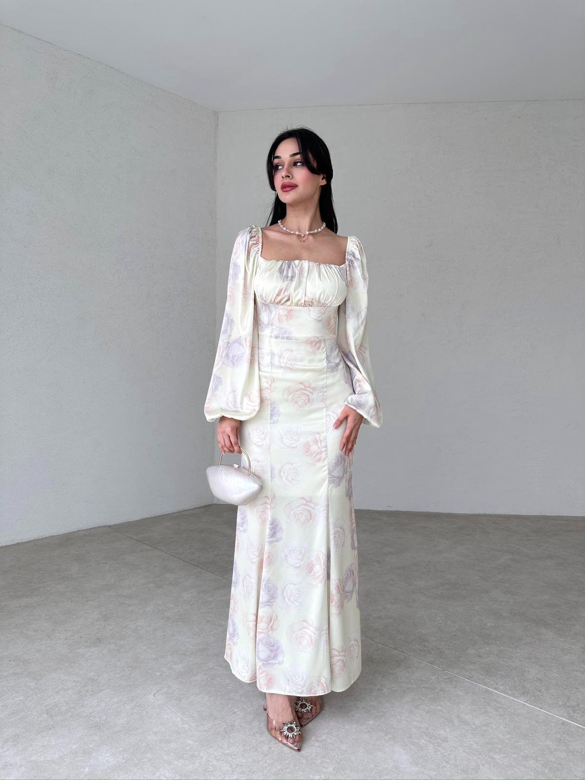 Göğüs Drape Pastel Çiçek Desenli Maxi Boy Saten Elbise - SARI 