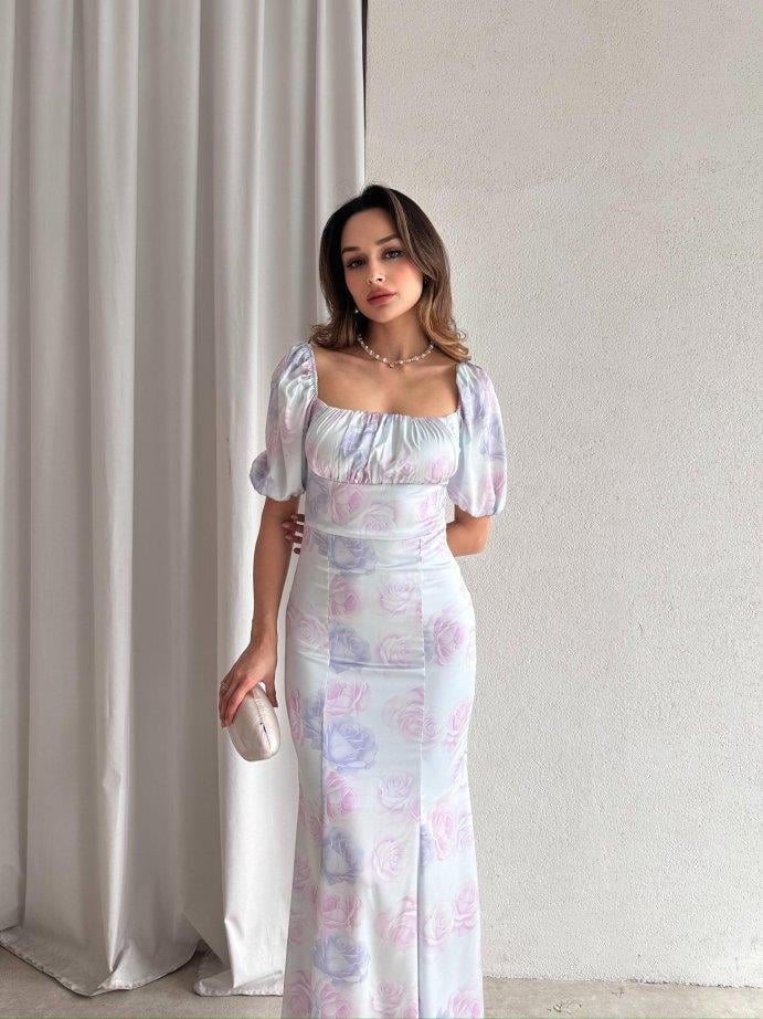 Göğüs Drape Pastel Çiçek Desenli Maxi Boy Saten Elbise Kısa Kol - MAVİ