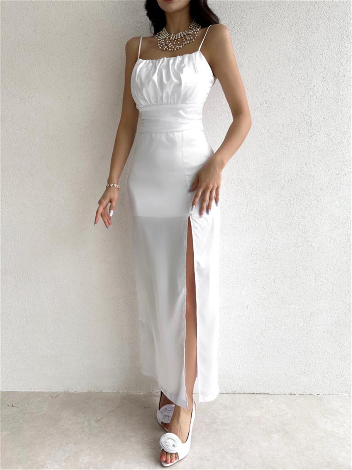 Göğüs Drapeli İnce Askılı Saten Elbise - BEYAZ