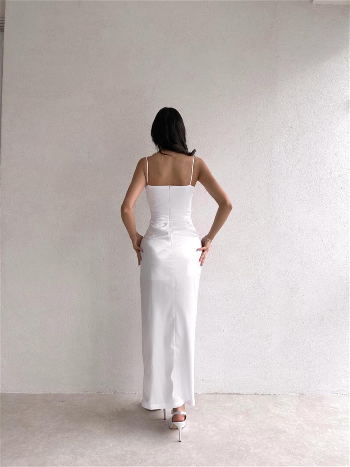 Göğüs Drapeli İnce Askılı Saten Elbise - BEYAZ