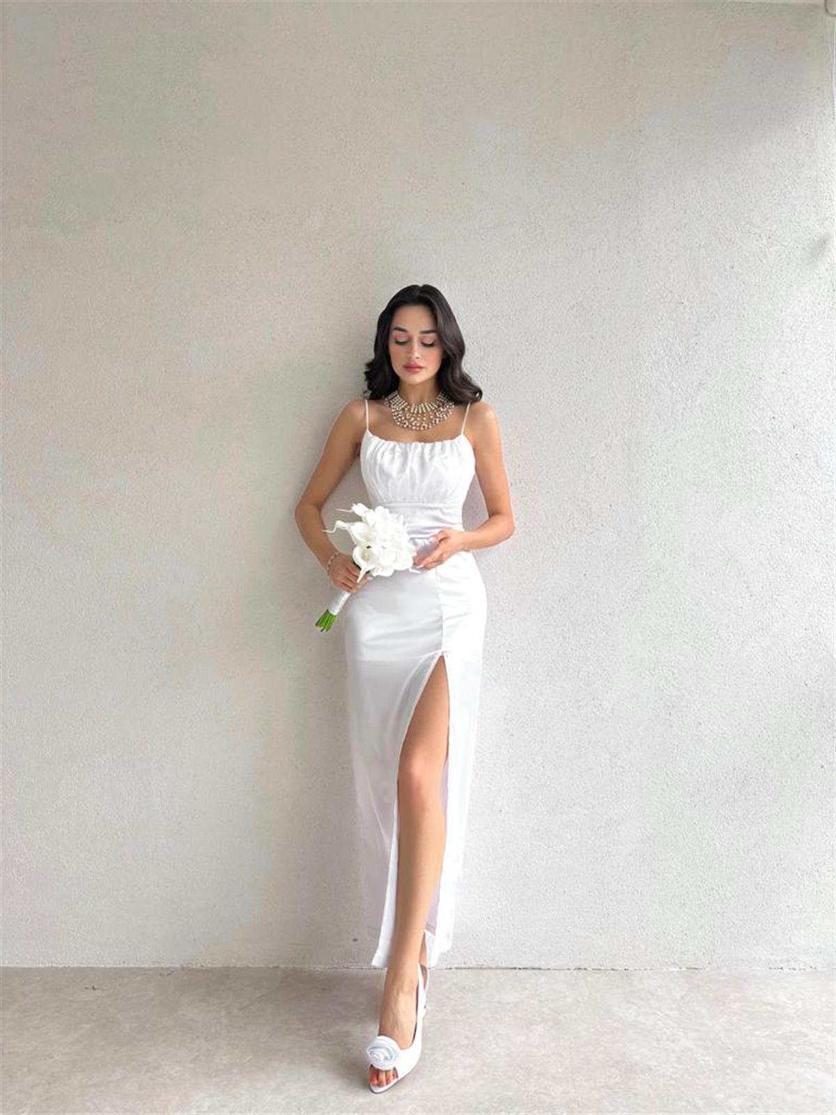 Göğüs Drapeli İnce Askılı Saten Elbise - BEYAZ