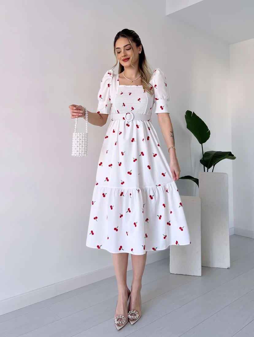 Göğüs Gipeli Balon Kol Kiraz Desenli Kare Yaka Kemerli Midi Boy Elbise