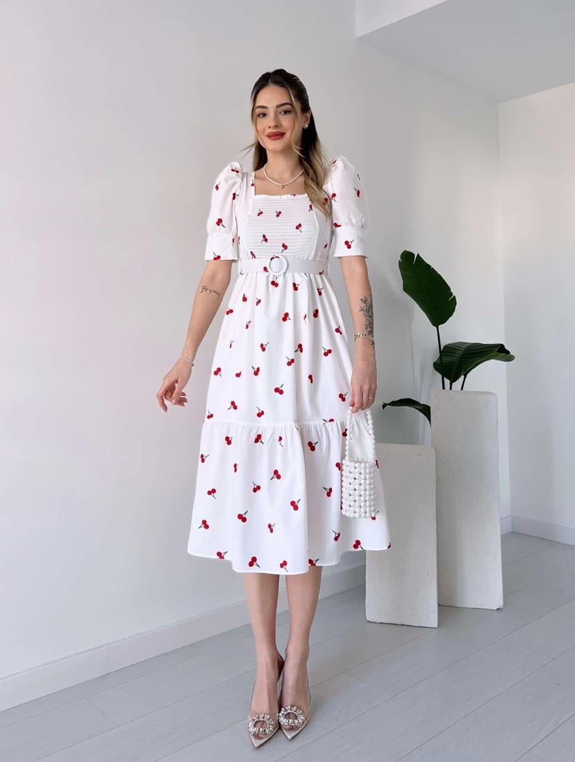 Göğüs Gipeli Balon Kol Kiraz Desenli Kare Yaka Kemerli Midi Boy Elbise