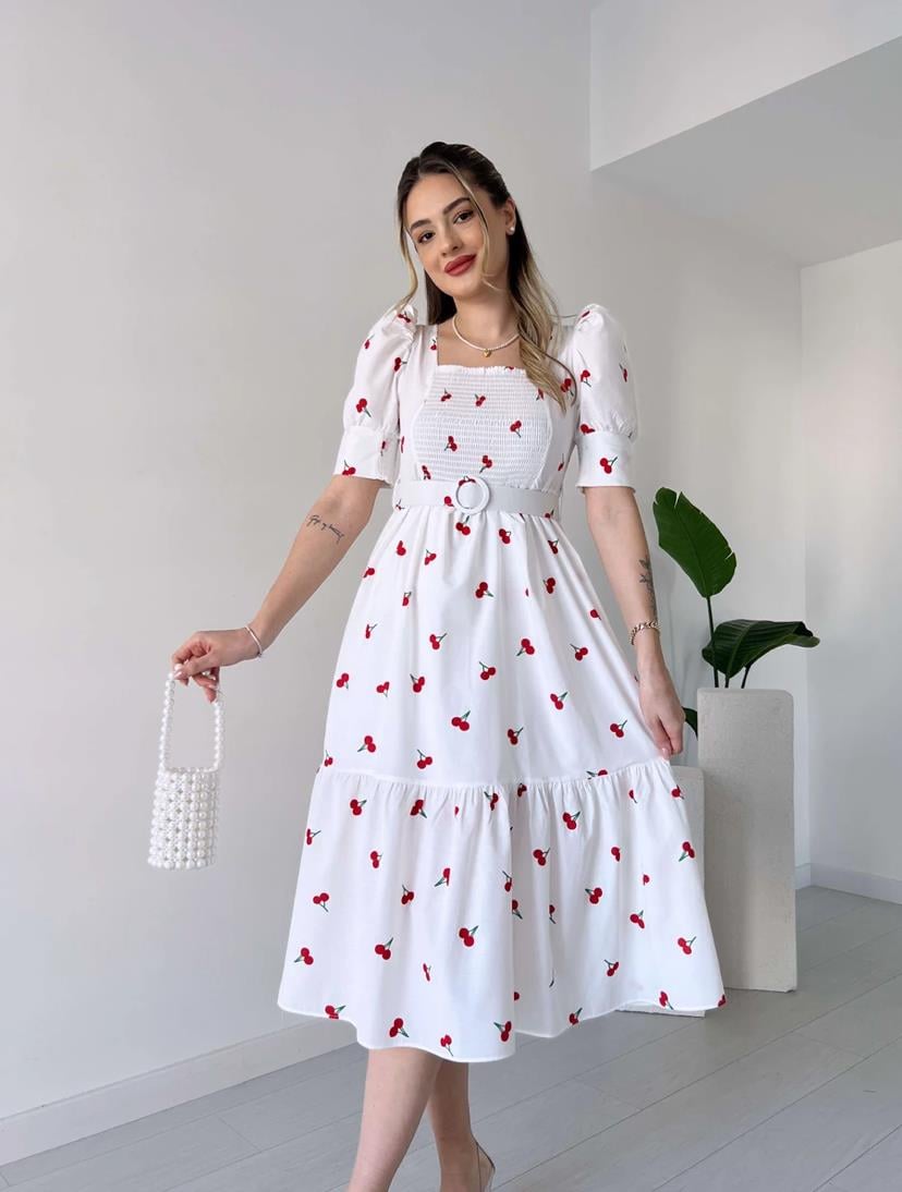 Göğüs Gipeli Balon Kol Kiraz Desenli Kare Yaka Kemerli Midi Boy Elbise
