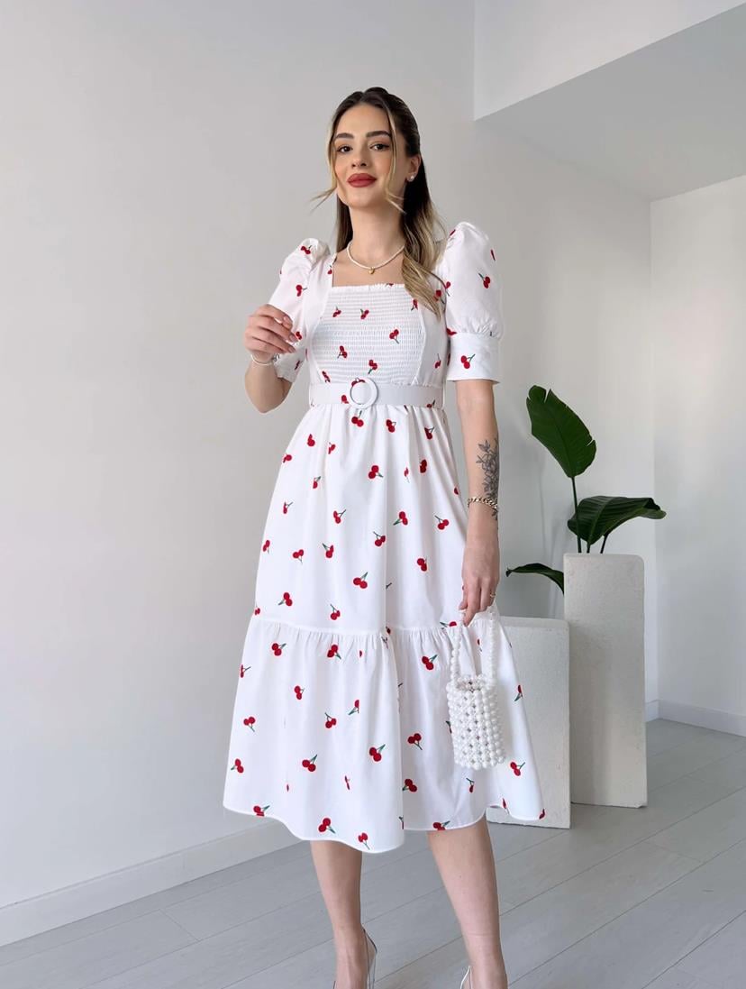 Göğüs Gipeli Balon Kol Kiraz Desenli Kare Yaka Kemerli Midi Boy Elbise