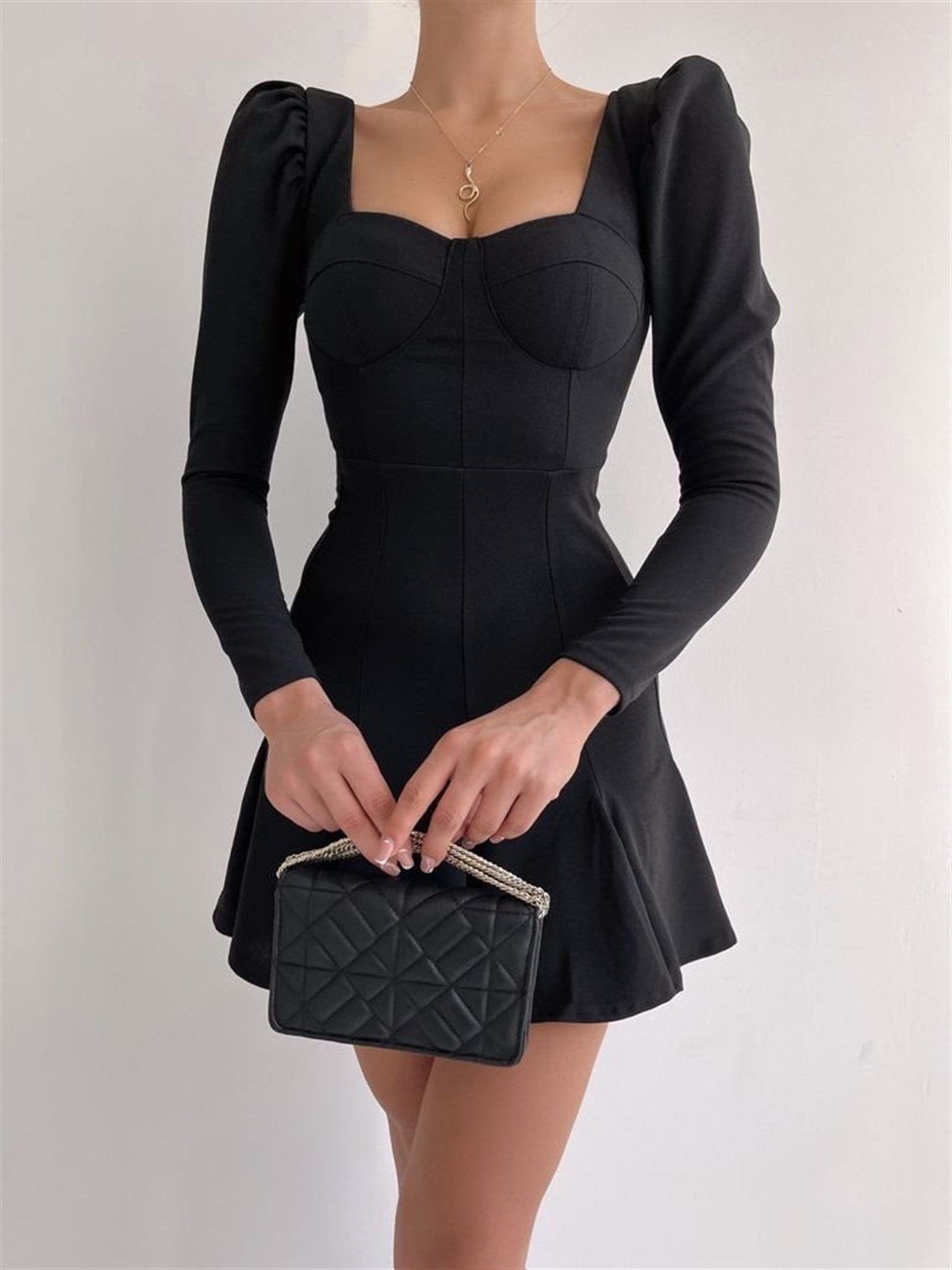 Göğüs Gloplu Etek Volanlı Elbise - SİYAH 