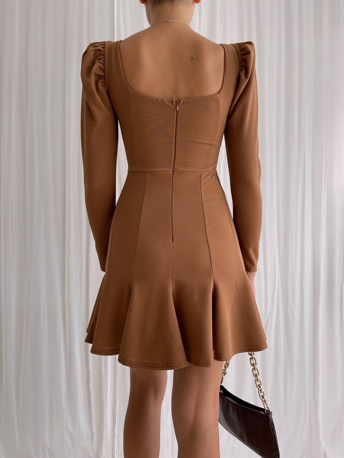 Göğüs Gloplu Etek Volanlı Elbise - KAHVERENGİ