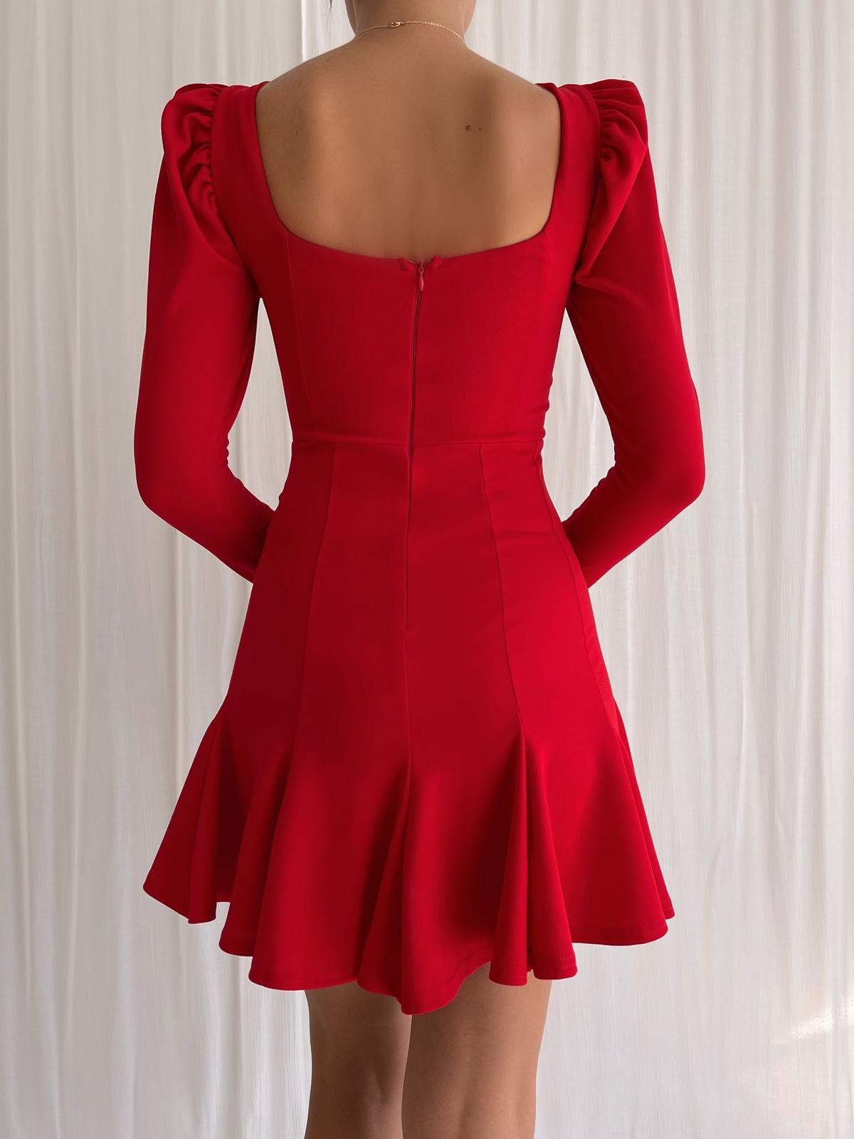 Göğüs Gloplu Etek Volanlı Elbise - KIRMIZI