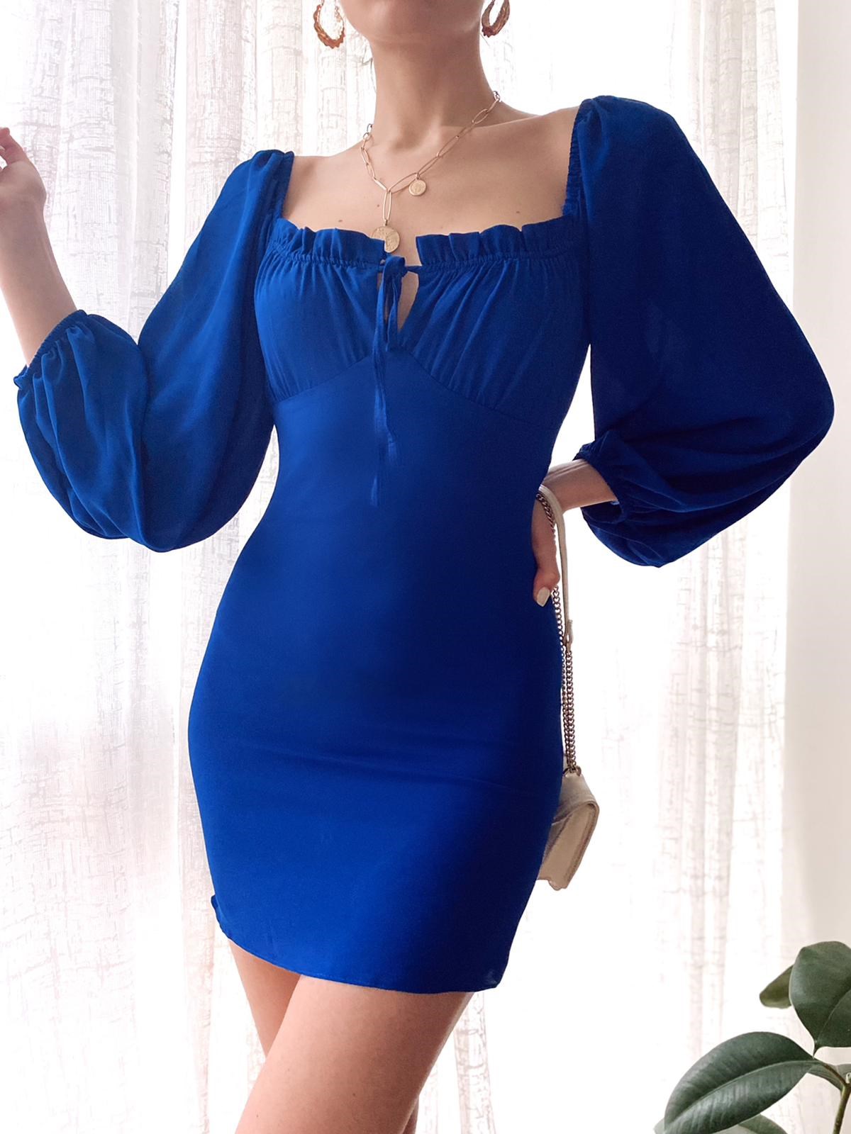 Göğüs İp Bağlamalı Mini Elbise - SAKS MAVİ