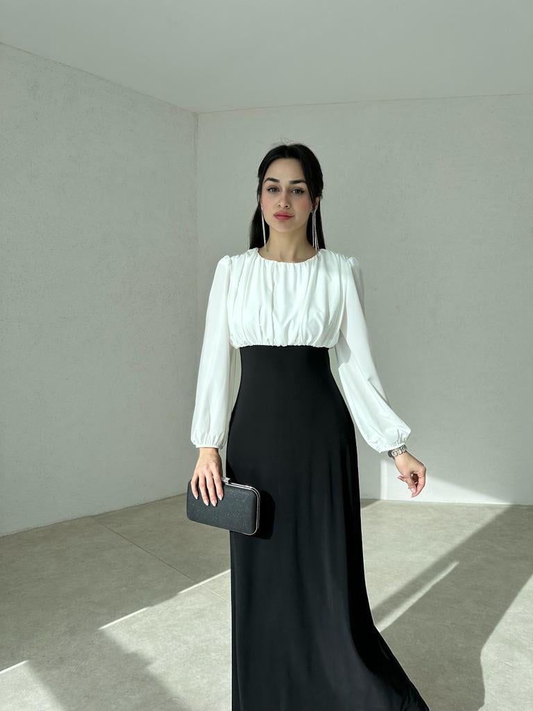 Göğüs Kısmı Drapeli Belden Oturmalı Uzun Siyah Beyaz Elbise 