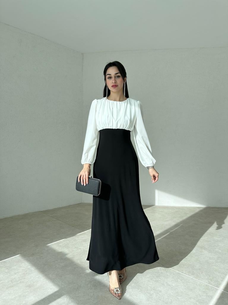 Göğüs Kısmı Drapeli Belden Oturmalı Uzun Siyah Beyaz Elbise 