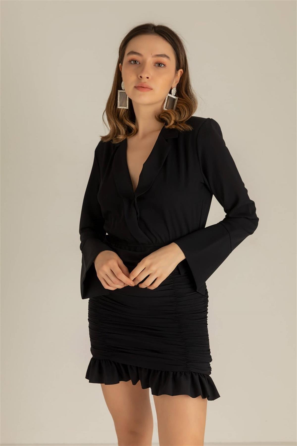 Gömlek Yaka Eteği Fırfırlı Mini Kadın Elbise - SİYAH
