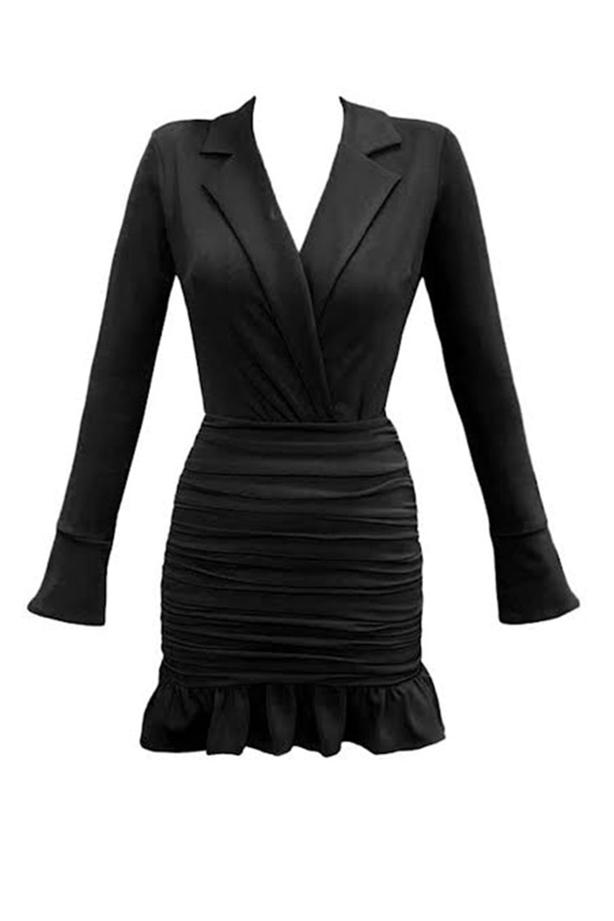Gömlek Yaka Eteği Fırfırlı Mini Kadın Elbise - SİYAH