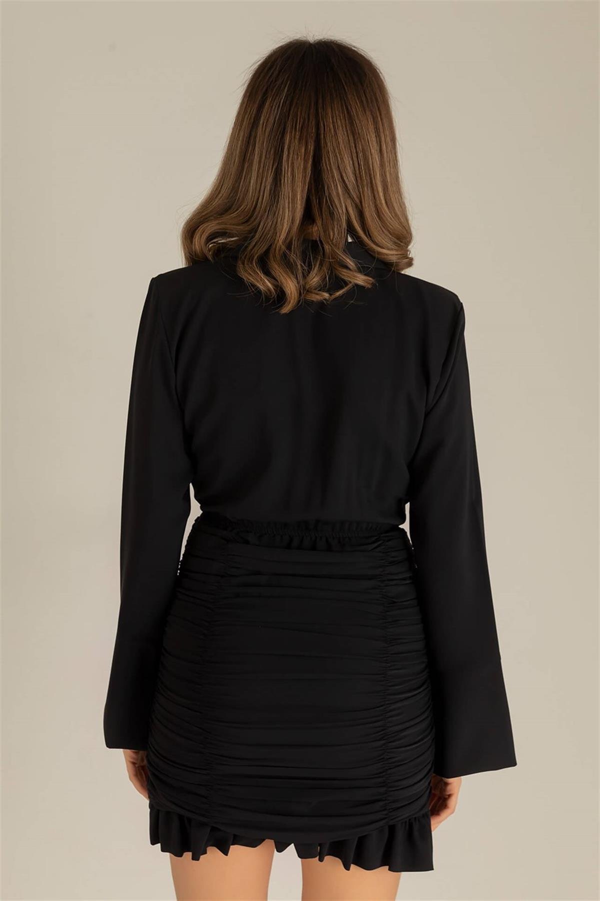 Gömlek Yaka Eteği Fırfırlı Mini Kadın Elbise - SİYAH