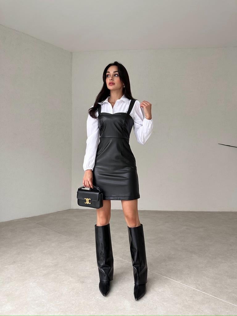 Gömlekli Mini Deri Elbise - SİYAH